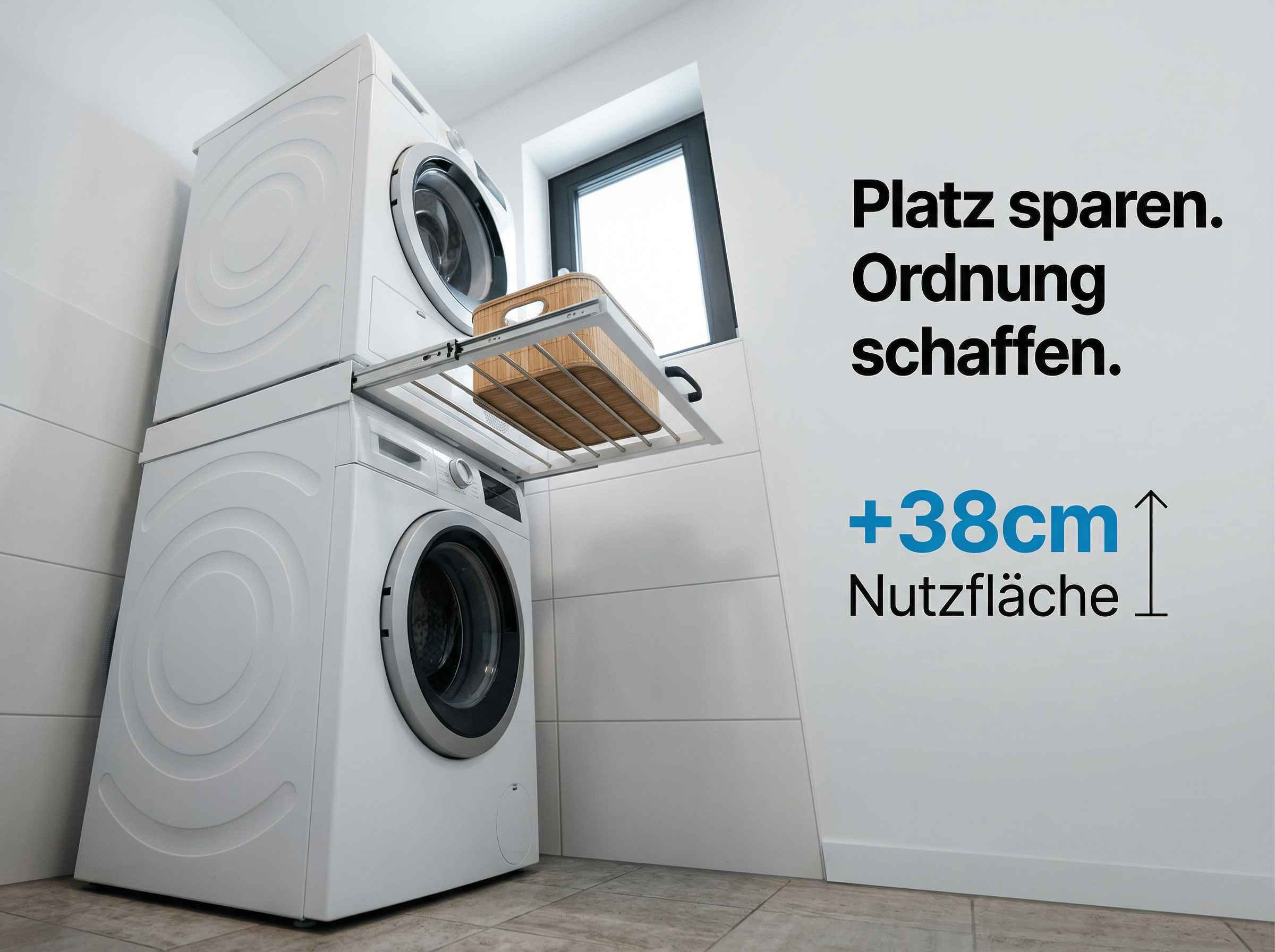 Zwei weiße Waschmaschinen sind übereinander gestapelt, mit einem ausziehbaren Regal dazwischen.