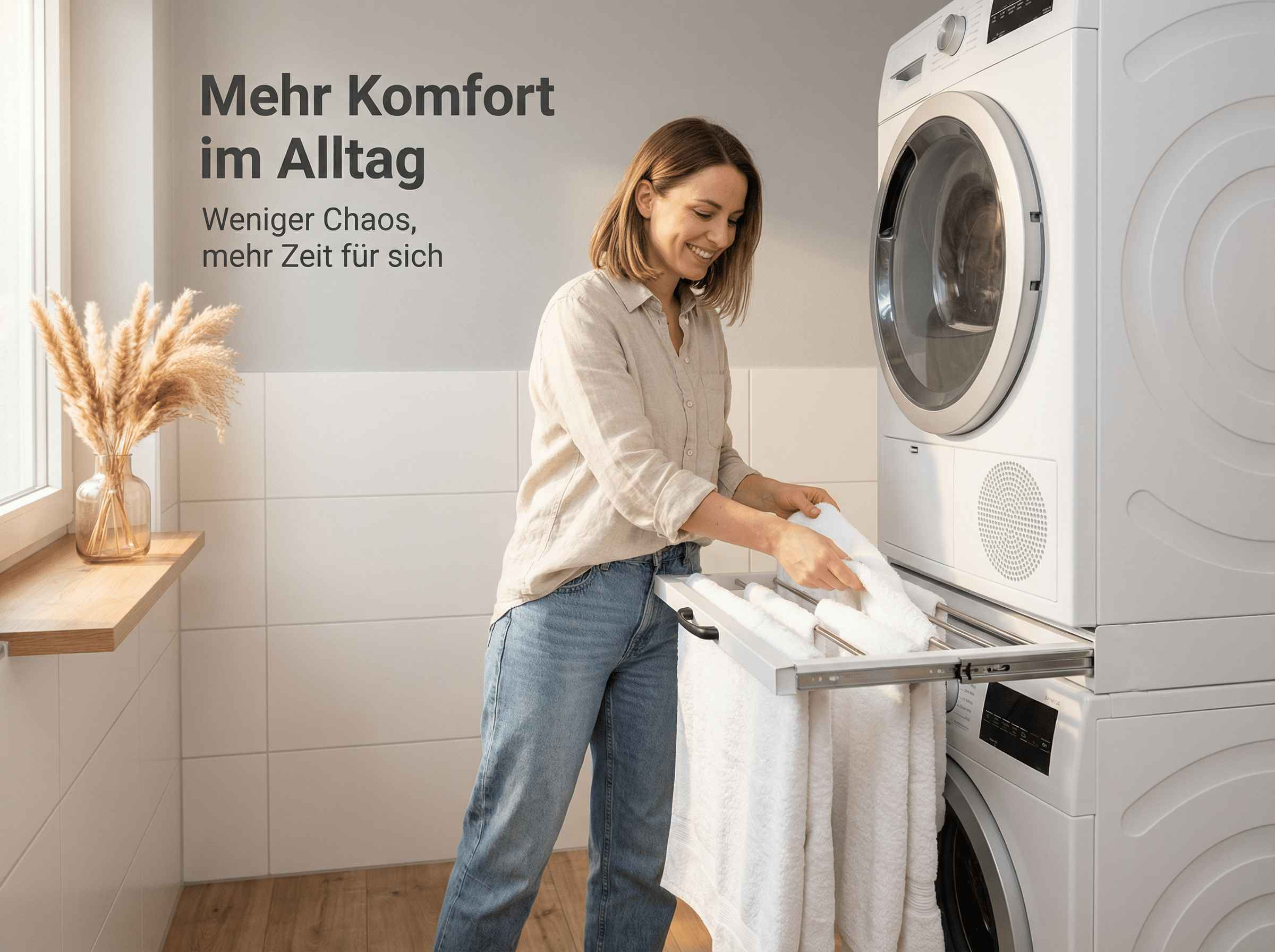 Frau legt weiße Handtücher in einen ausziehbaren Wäschetrockner neben einer Waschmaschine.