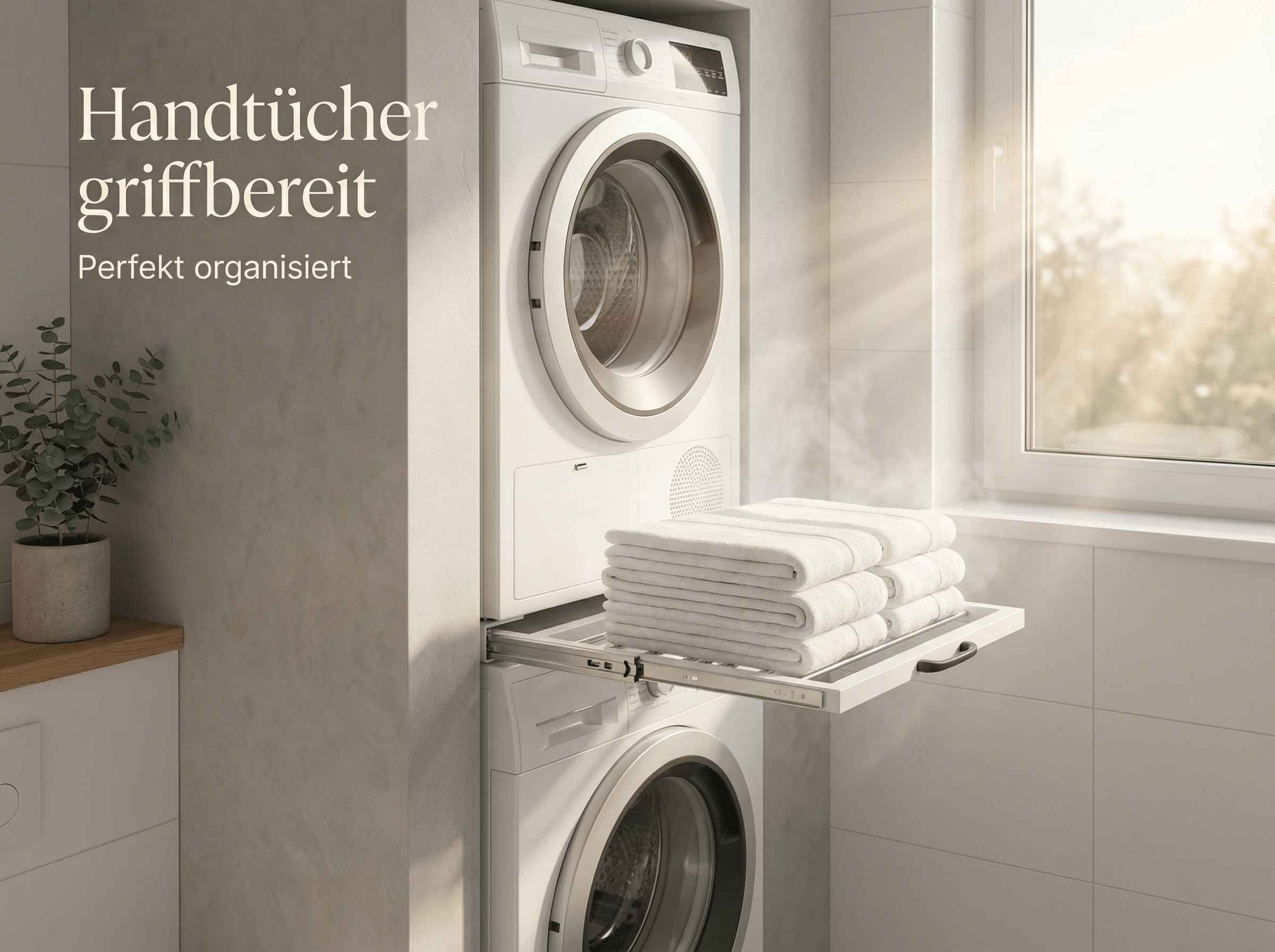 Ein ausziehbarer Wäscheständer mit weißen Handtüchern zwischen zwei Waschmaschinen.