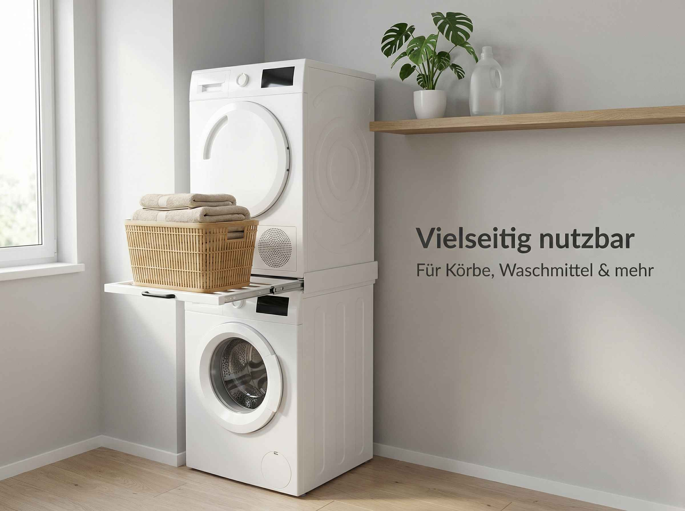 Weiße Waschmaschine und Trockner gestapelt, mit Korb und Handtüchern.