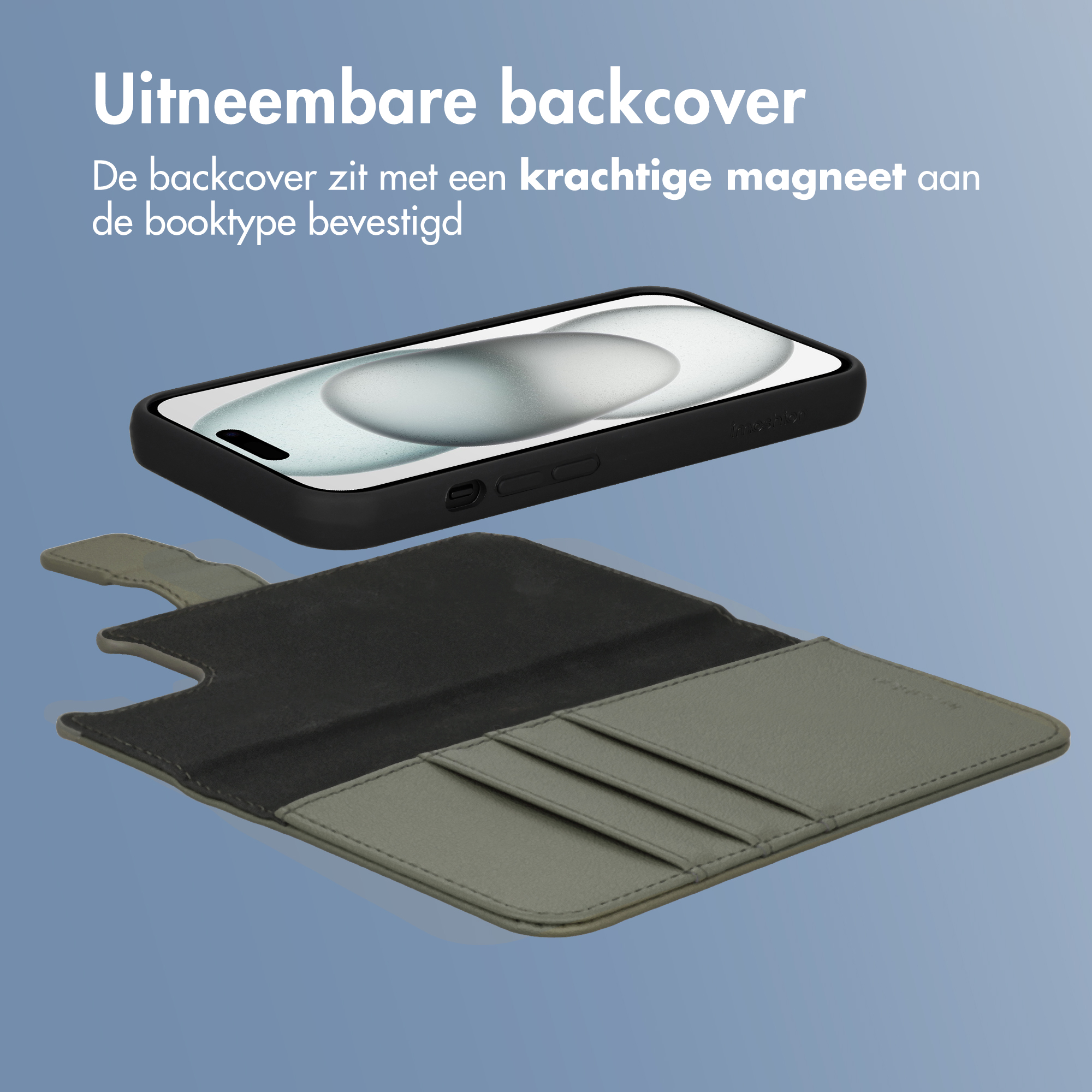 Een zwarte telefoon met afneembare hoes en een open groene portemonnee.
