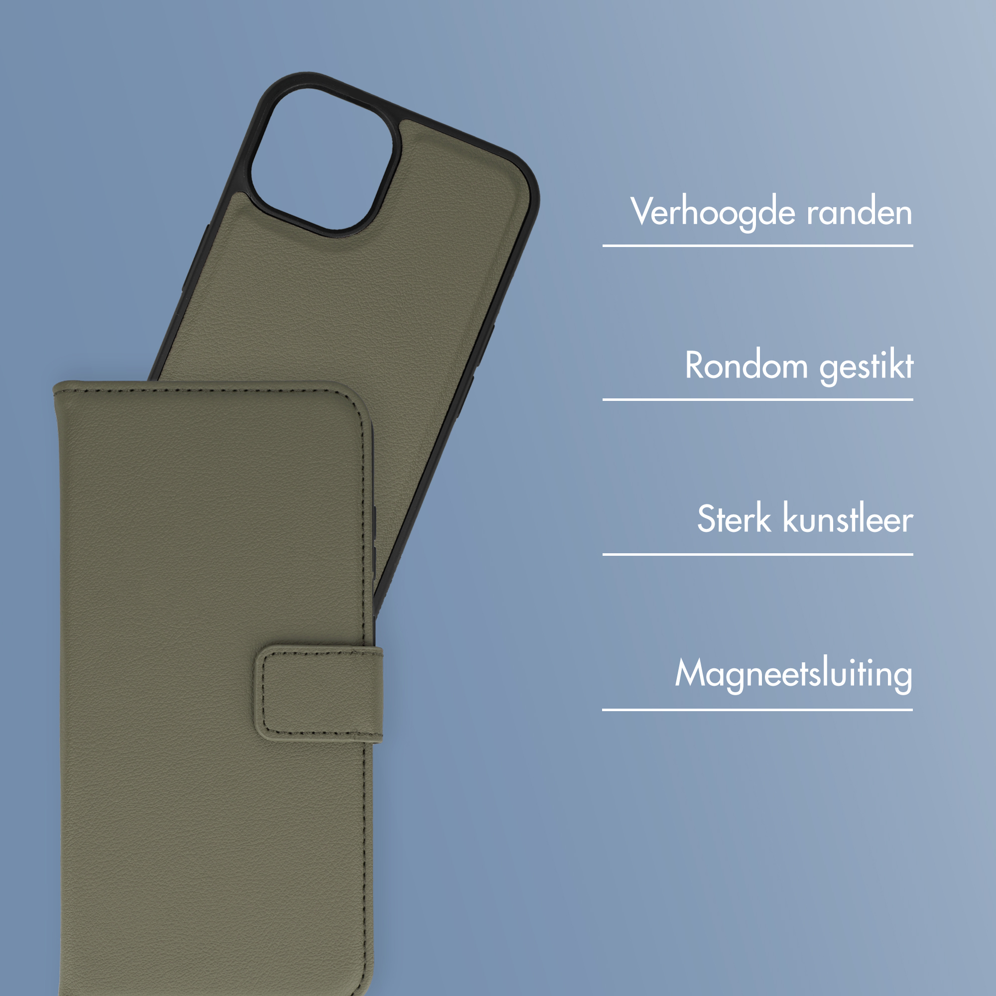Een olijfgroene telefoonhoes met klep, van kunstleer materiaal.