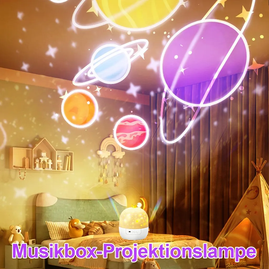 Ein Sternenprojektor beleuchtet ein Kinderzimmer mit Planeten und Sternen an der Decke.