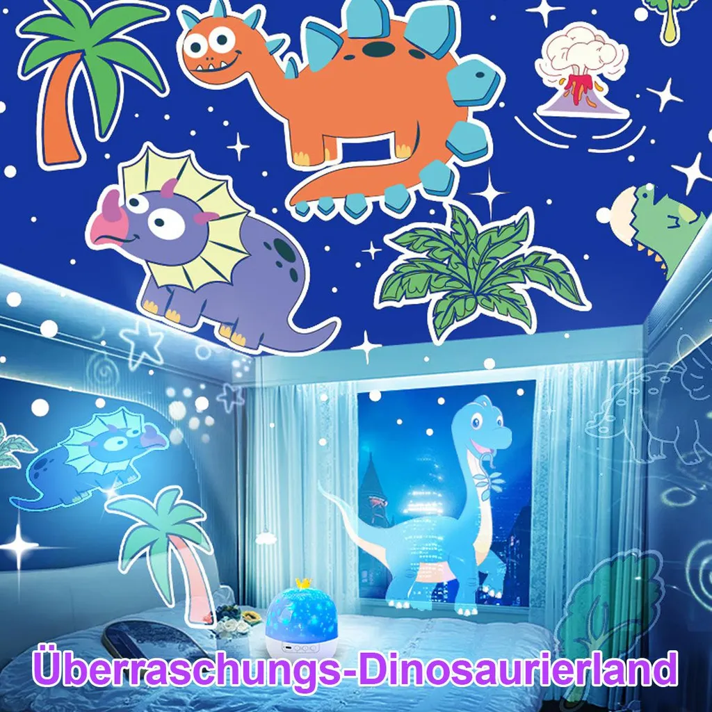 Kinderzimmer mit Dinosaurier-Deko, Projektor und beleuchtetem Fenster.