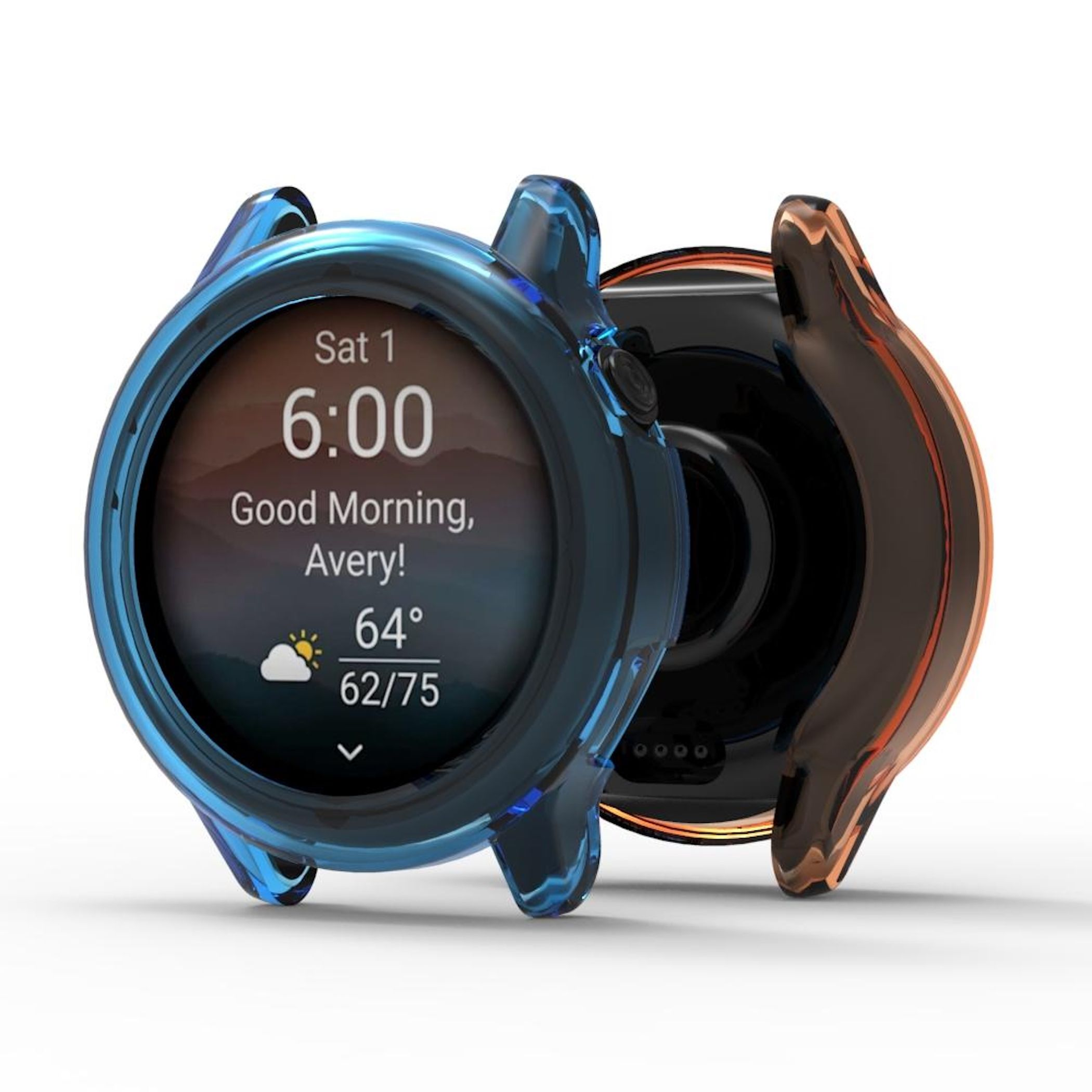 Eine blaue und eine kupferfarbene Schutzhülle für Smartwatches, eine mit Display.