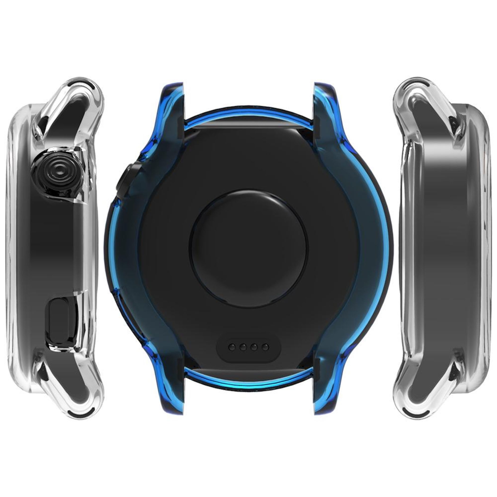 Drei Smartwatch-Hüllen. Eine in Blau mit Ladeanschlüssen, zwei klar.
