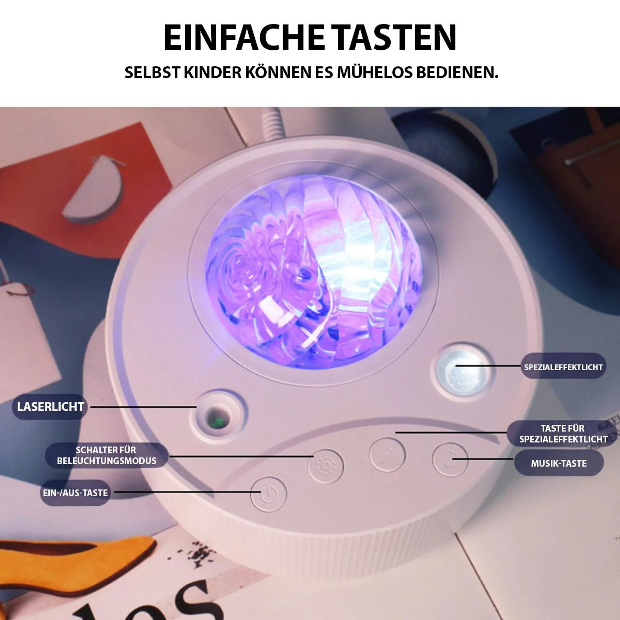 Ein weißer Sternenhimmel-Projektor mit lila Licht und Beschriftungen.
