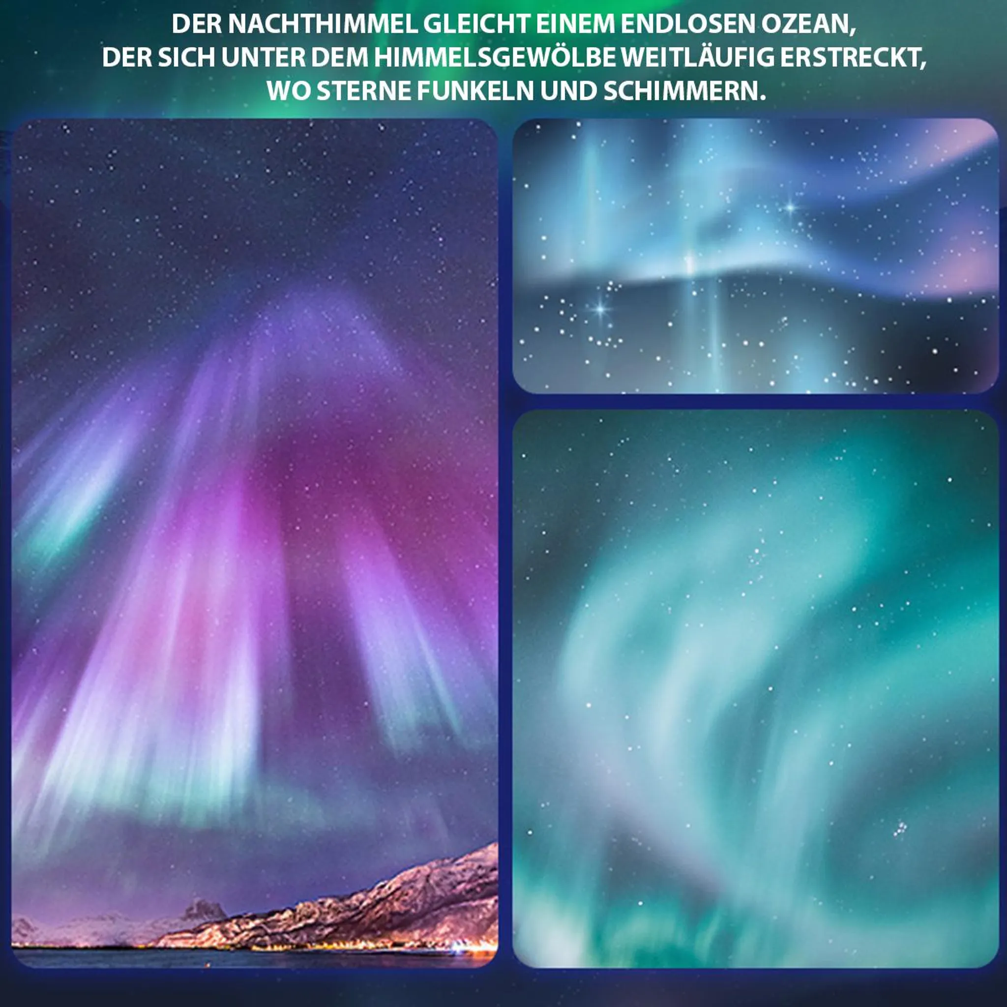 Drei Ansichten des Nachthimmels mit Polarlichtern und Sternen.