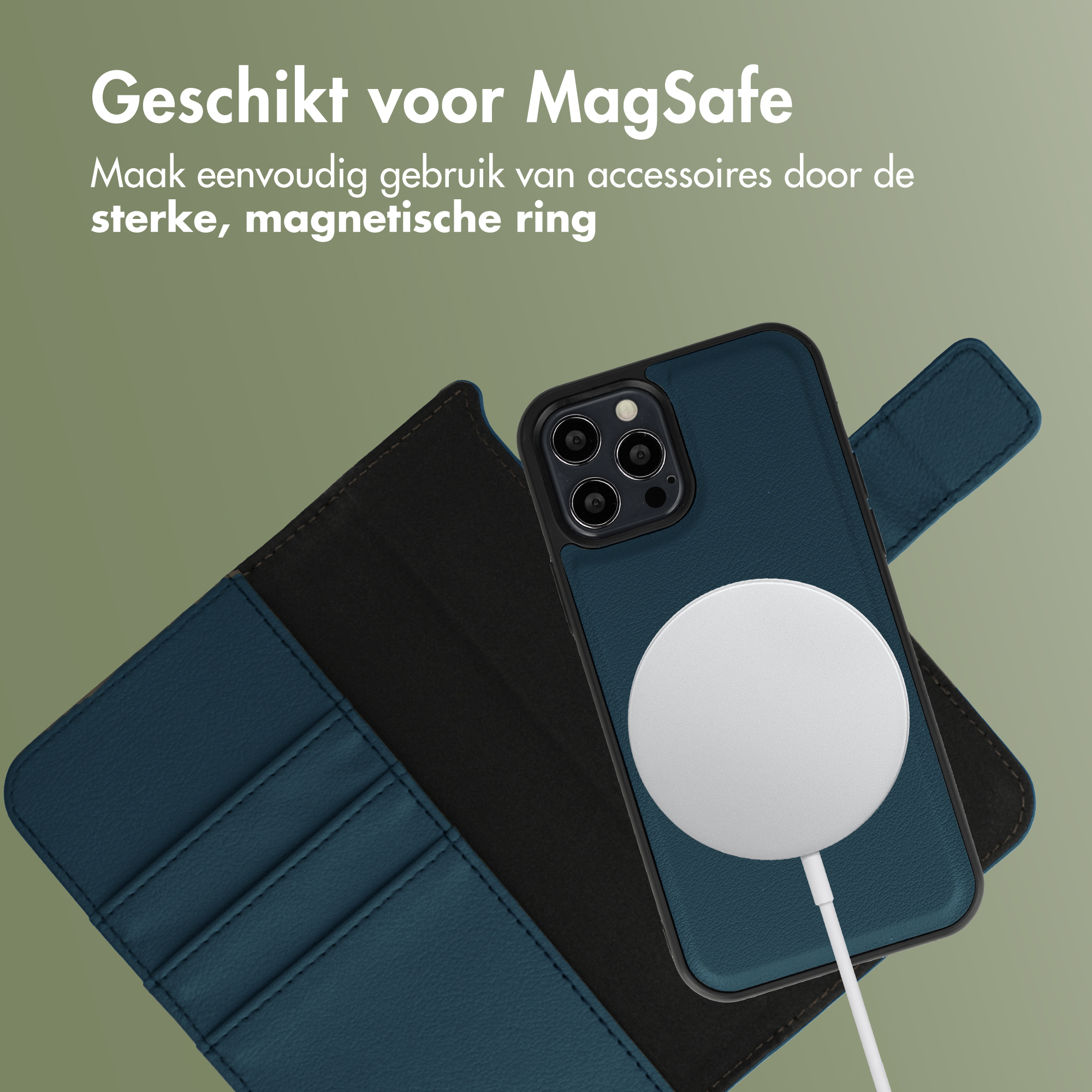 Dunkelblaues Handycover mit MagSafe-Ladegerät und Fächern.