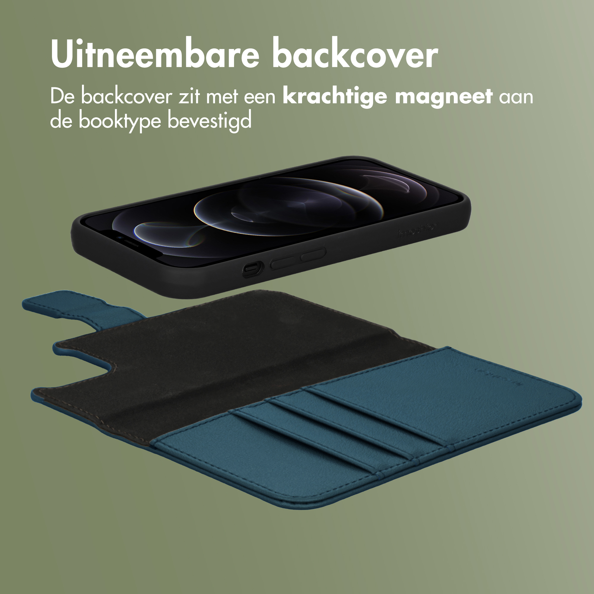 Abnehmbare Handyhülle mit blauem Buch-Cover und Kartenfächern.