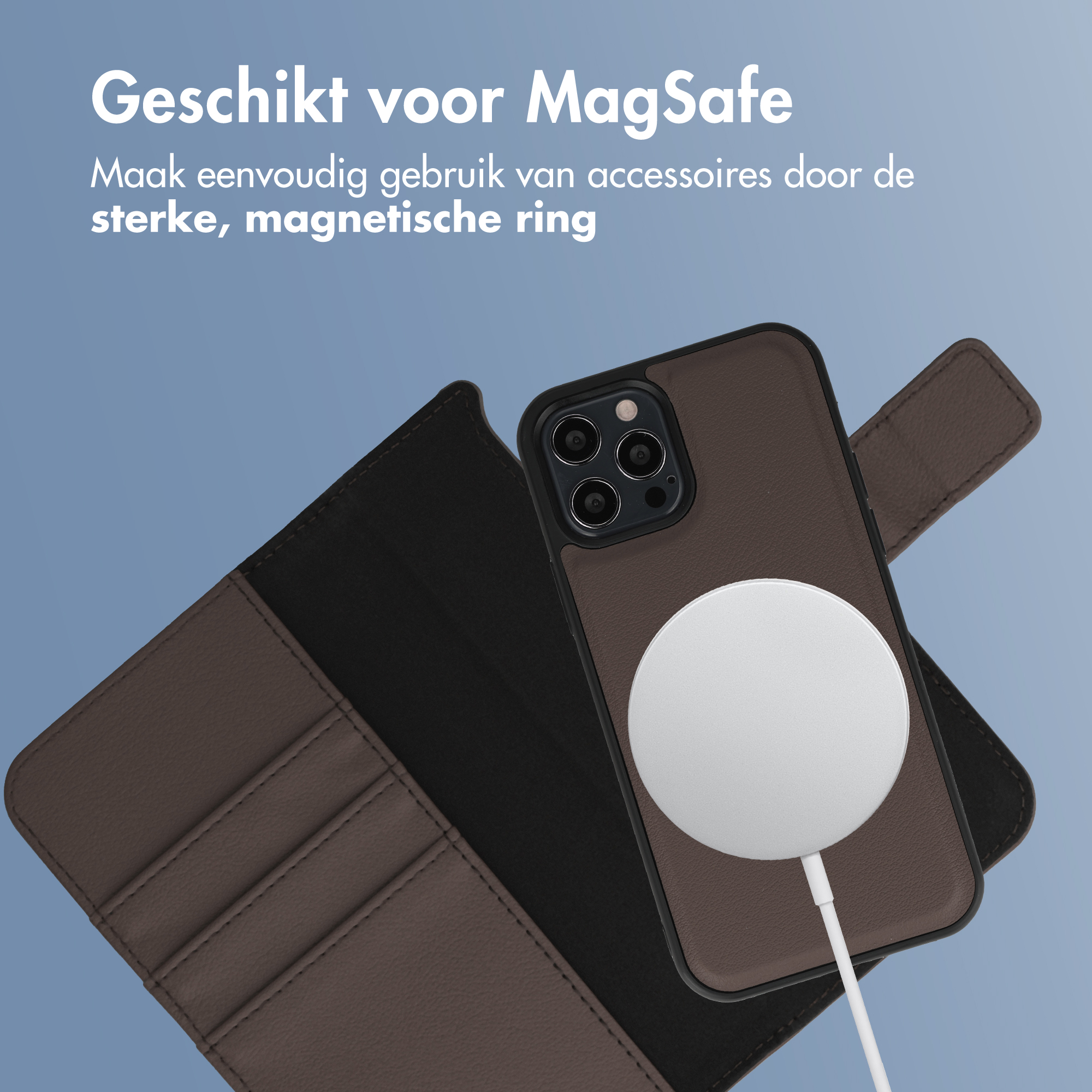 Braunes iPhone-Case mit MagSafe-Ladegerät und Kartenfächern.