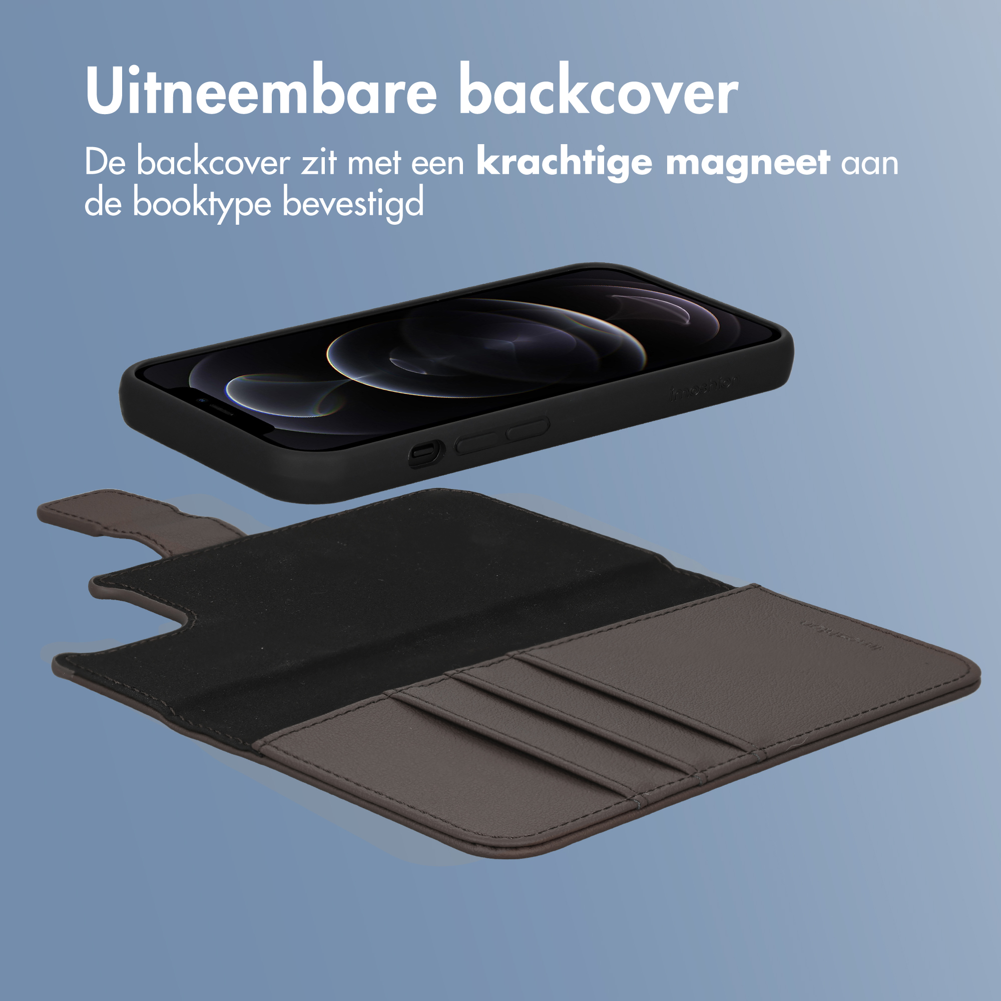 Abnehmbare Handyhülle mit Kartenfächern und schwarzem Smartphone auf blauem Hintergrund.