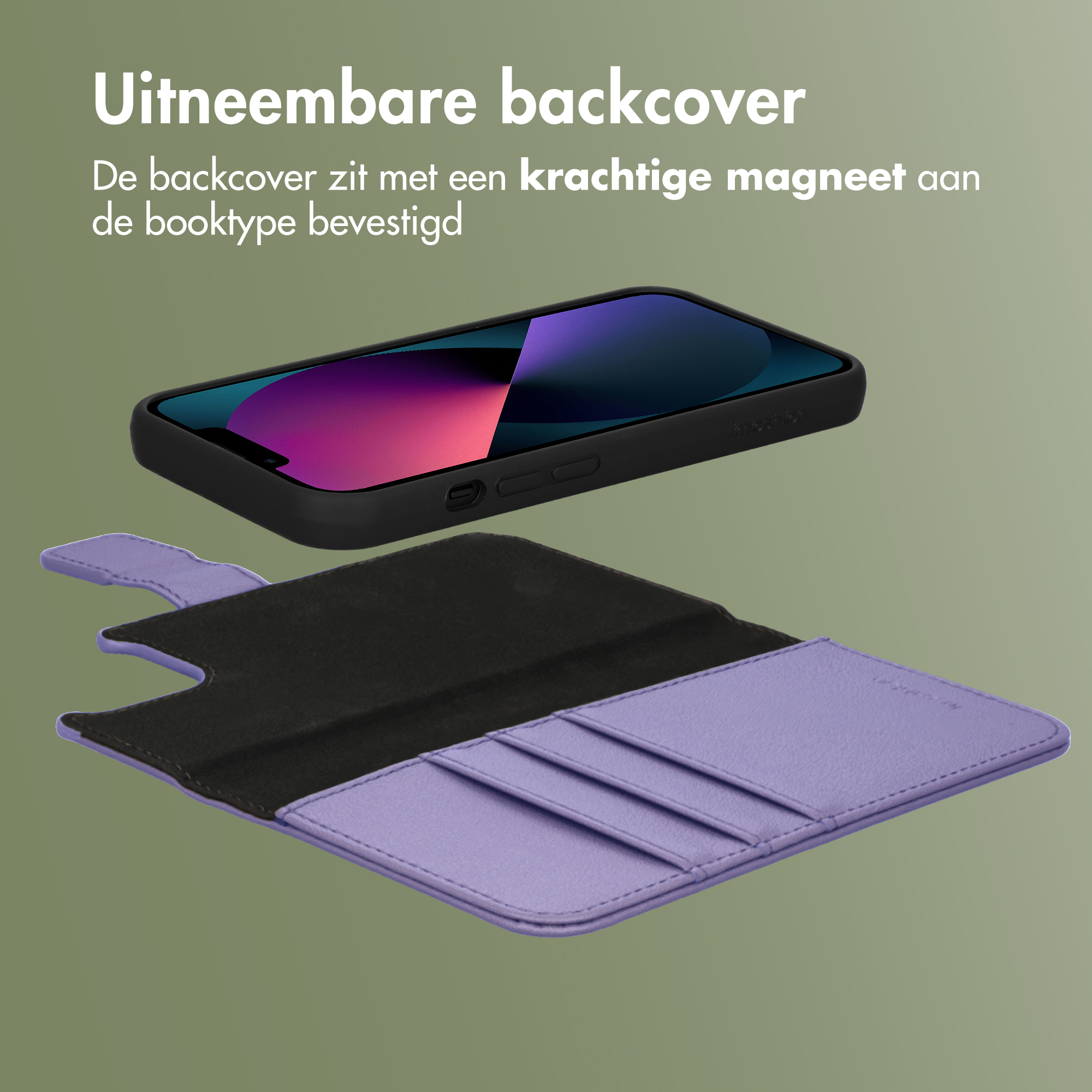 Ein schwarzes Handy mit einem lila Buchhülle-Etui mit Kartensteckplätzen.