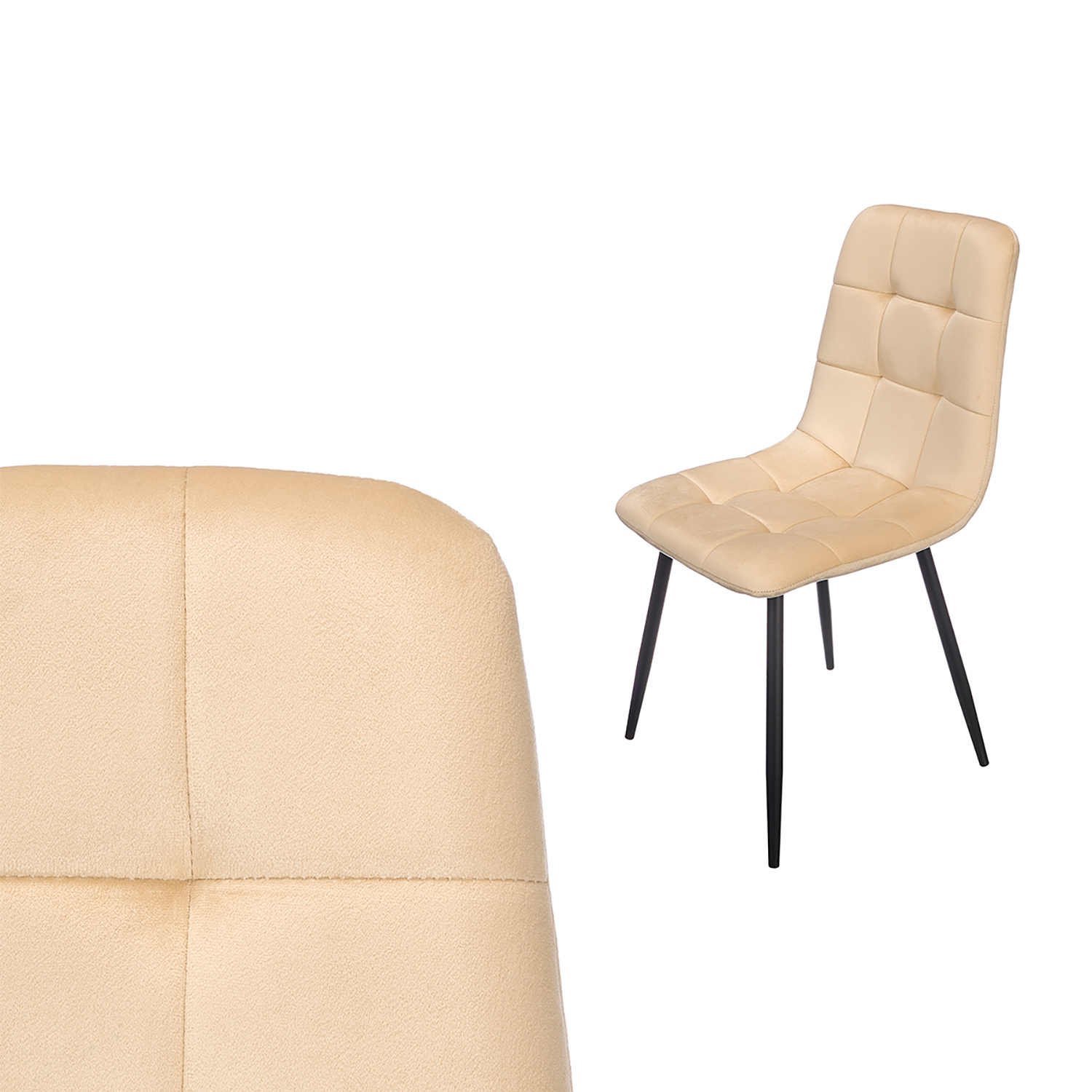 Una sedia beige trapuntata con gambe nere è mostrata su sfondo bianco.
