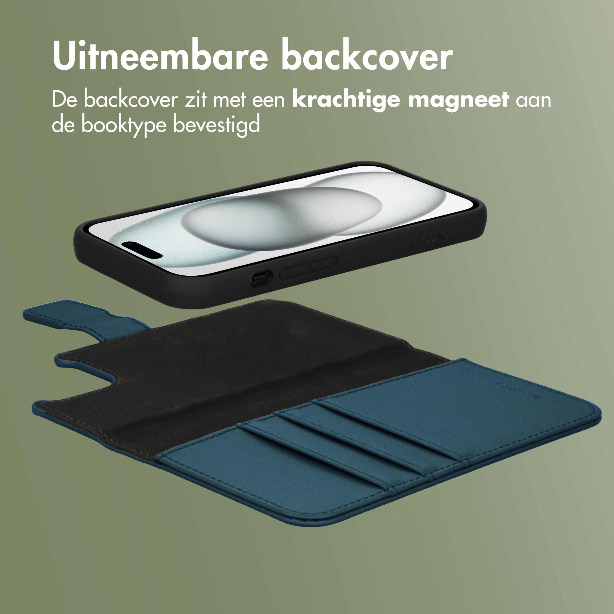Een afneembare zwarte telefoonhoes boven een open blauwe portemonneehoes met kaartsleuven.