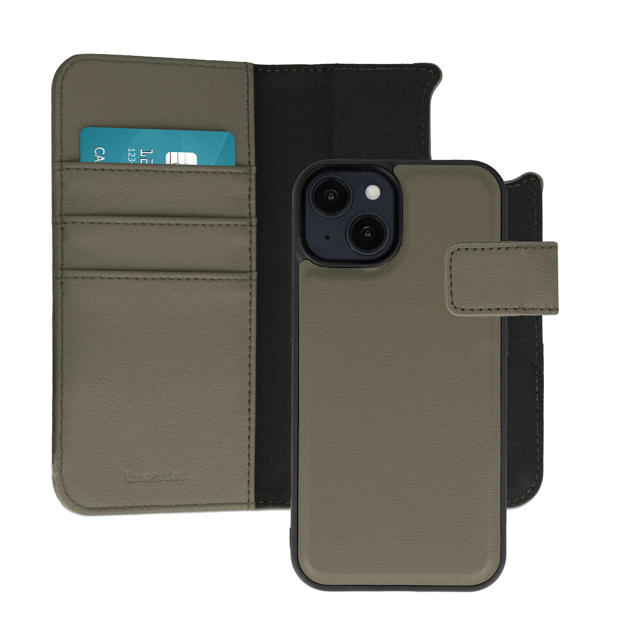 Ein grünes Leder-Flip-Case für ein iPhone mit Kartensteckplätzen und einem geschlossenen Riemen.