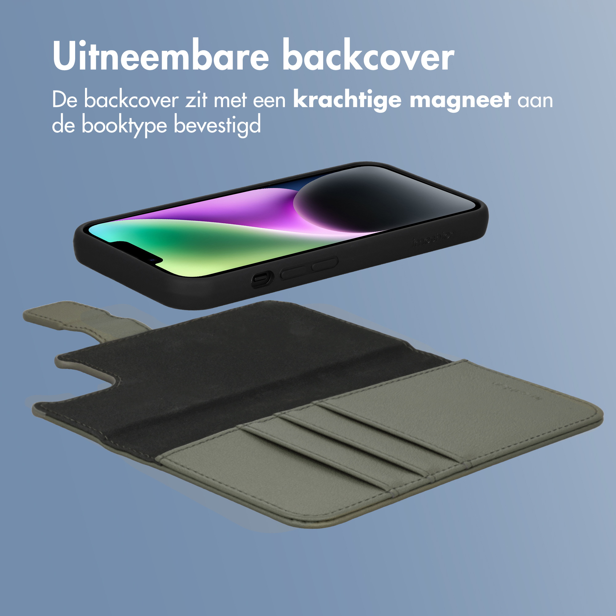 Abnehmbare Handyhülle mit Kartenfächern und Magnetverschluss.