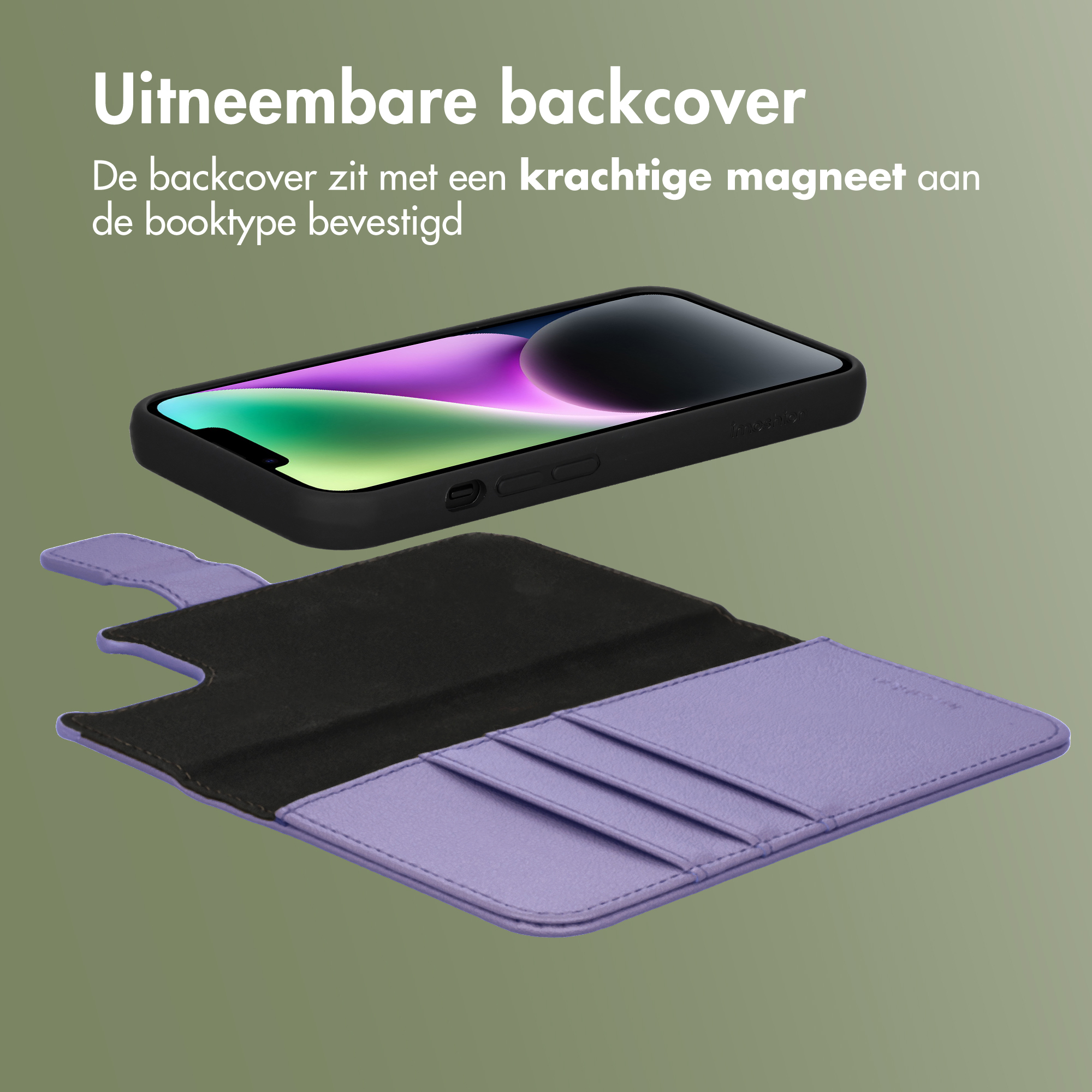 Ein violettes Handy-Etui mit Kartenfächern und einer abnehmbaren schwarzen Hülle.