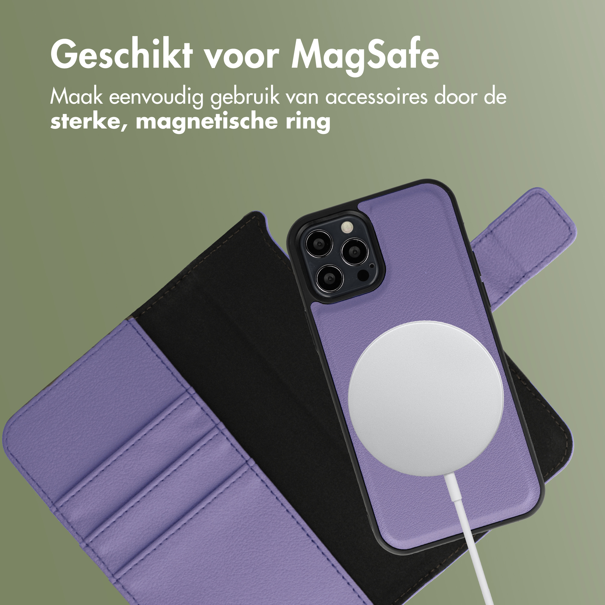 Lila iPhone-Hülle mit MagSafe-Ladegerät und Kartenfächern.
