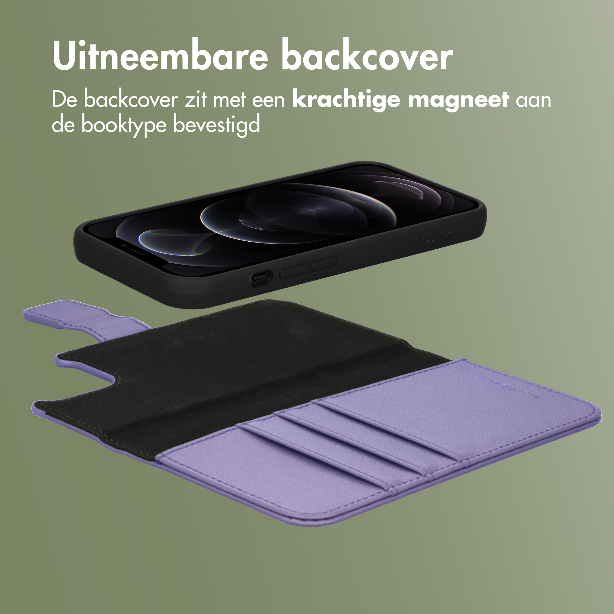 Ein abnehmbares Handycover liegt über einer offenen lila Brieftasche.