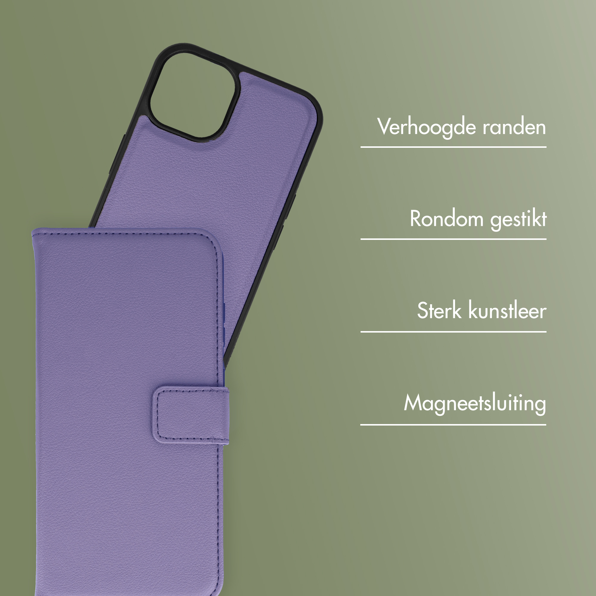 Lila Handyhülle mit magnetischem Verschluss und Nähten.
