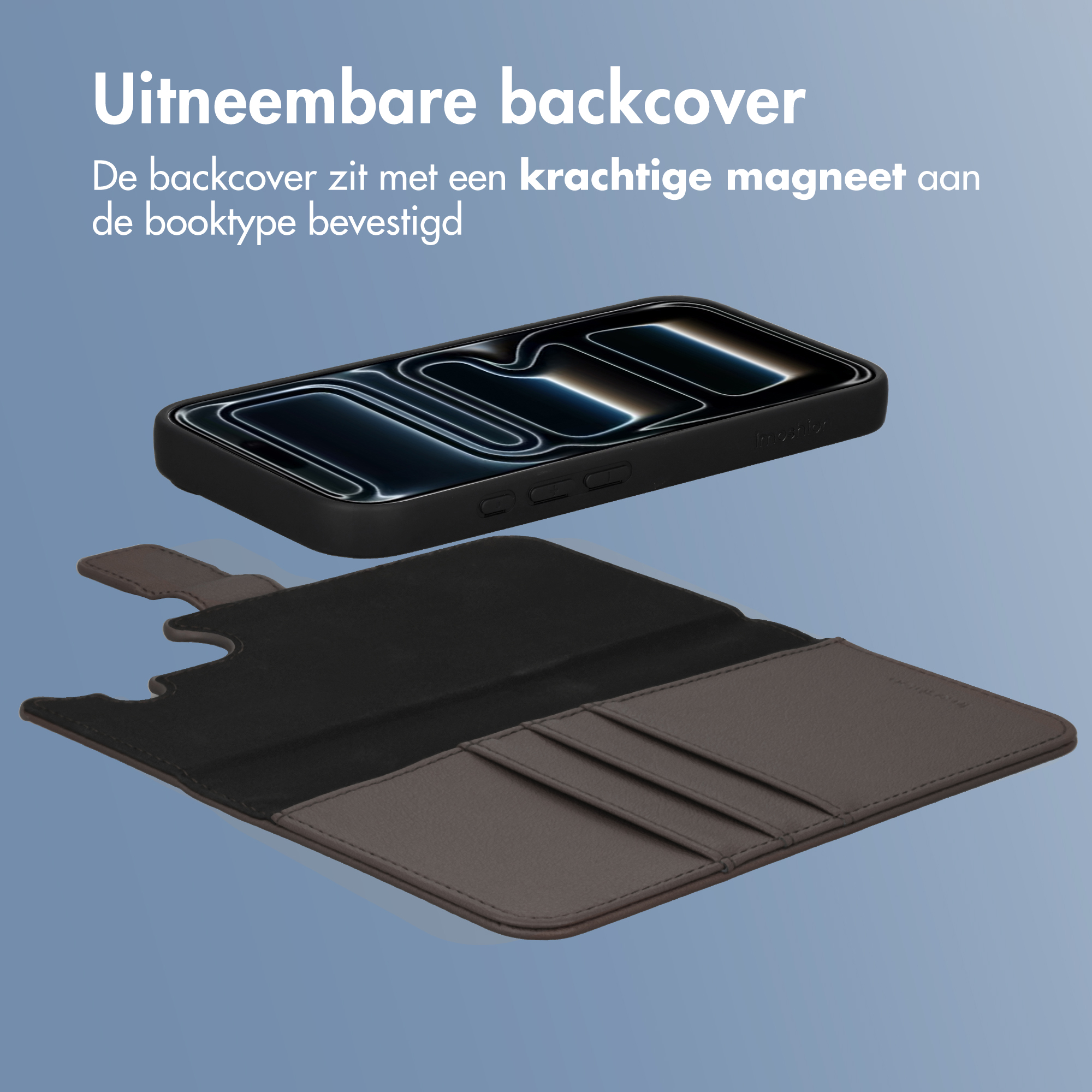 Afneembare backcover met magneetbevestiging aan een boekhoes.