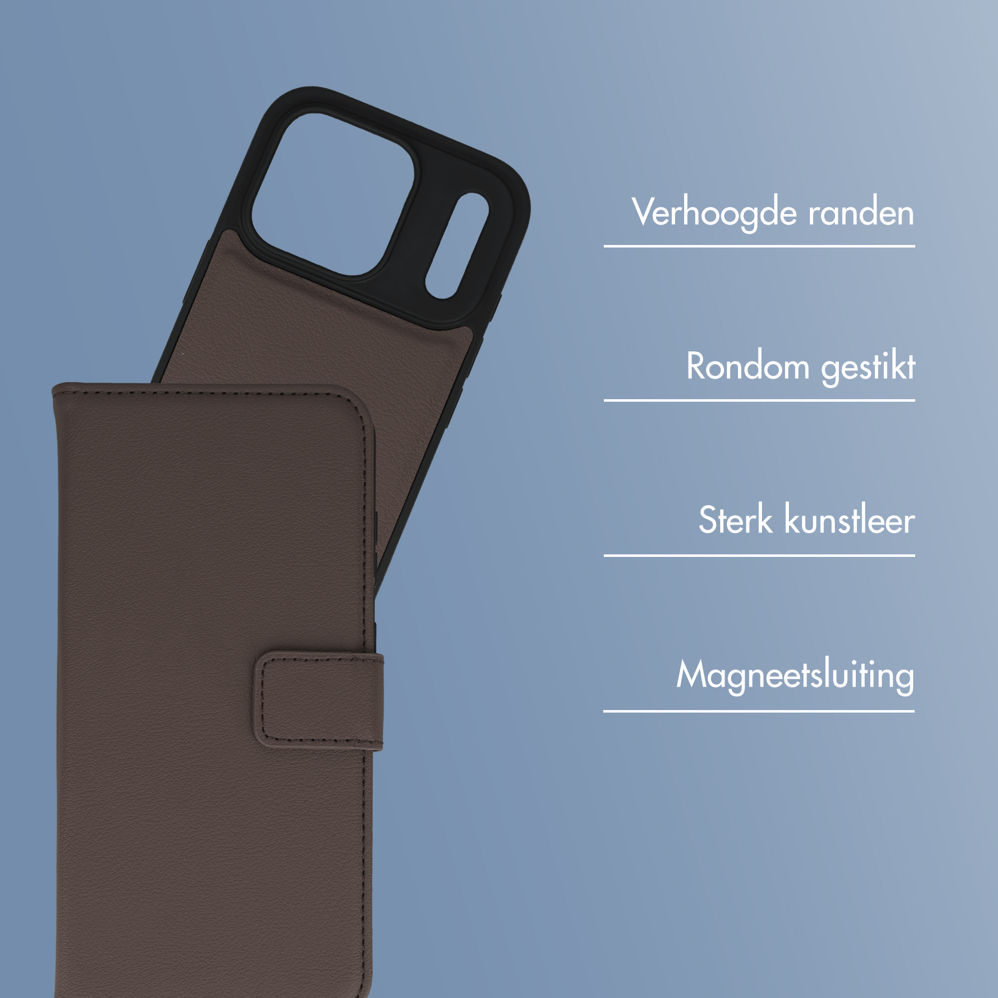 Bruine kunstlederen telefoonhoes met verhoogde randen en magneetsluiting.