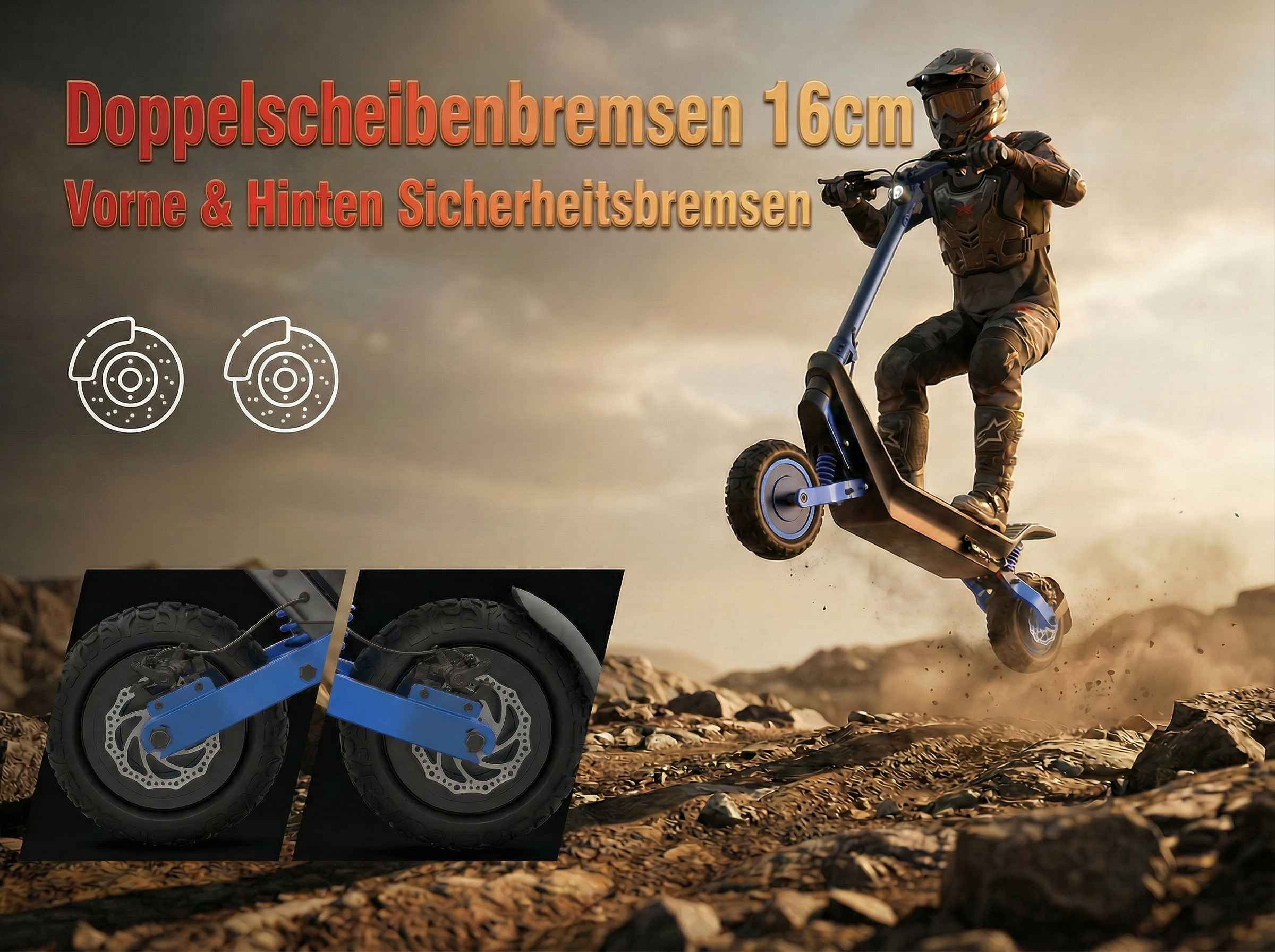 Fahrer springt mit E-Scooter über felsigen Untergrund, Bremsen hervorgehoben.