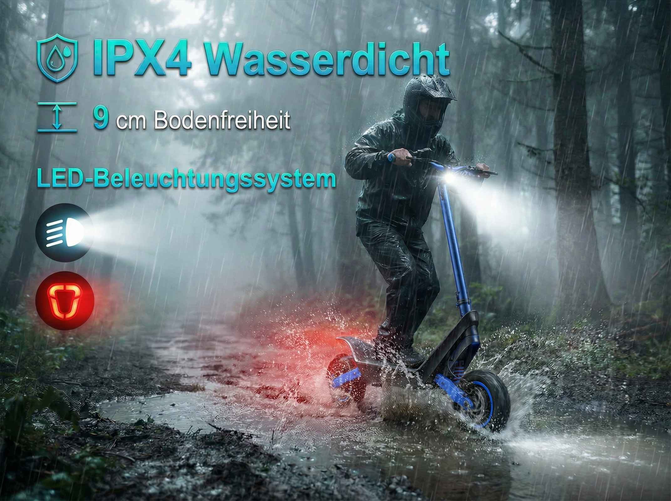 Mann fährt E-Scooter bei Regen im Wald, IPX4 wasserdicht.