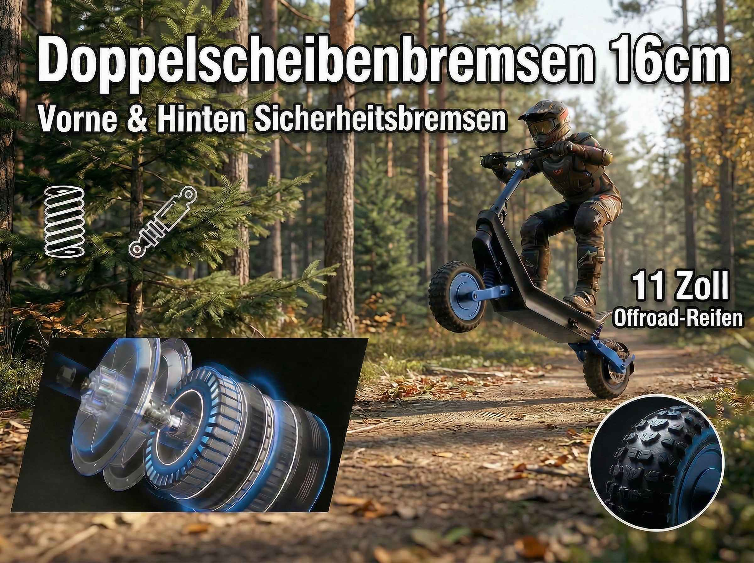Mann fährt E-Scooter im Wald, mit Detailansichten von Bremsen und Motor.