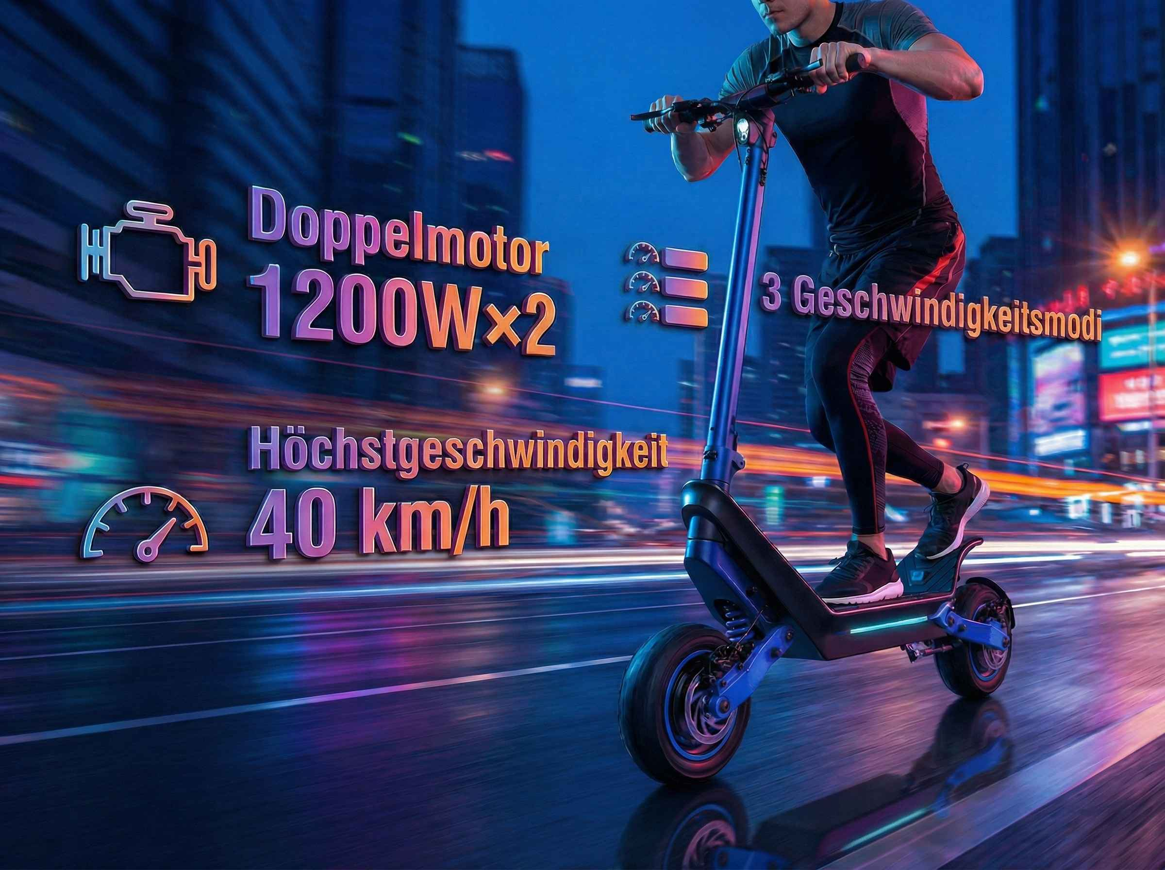 Mann fährt elektroroller, mit Texten über Motor, Geschwindigkeit