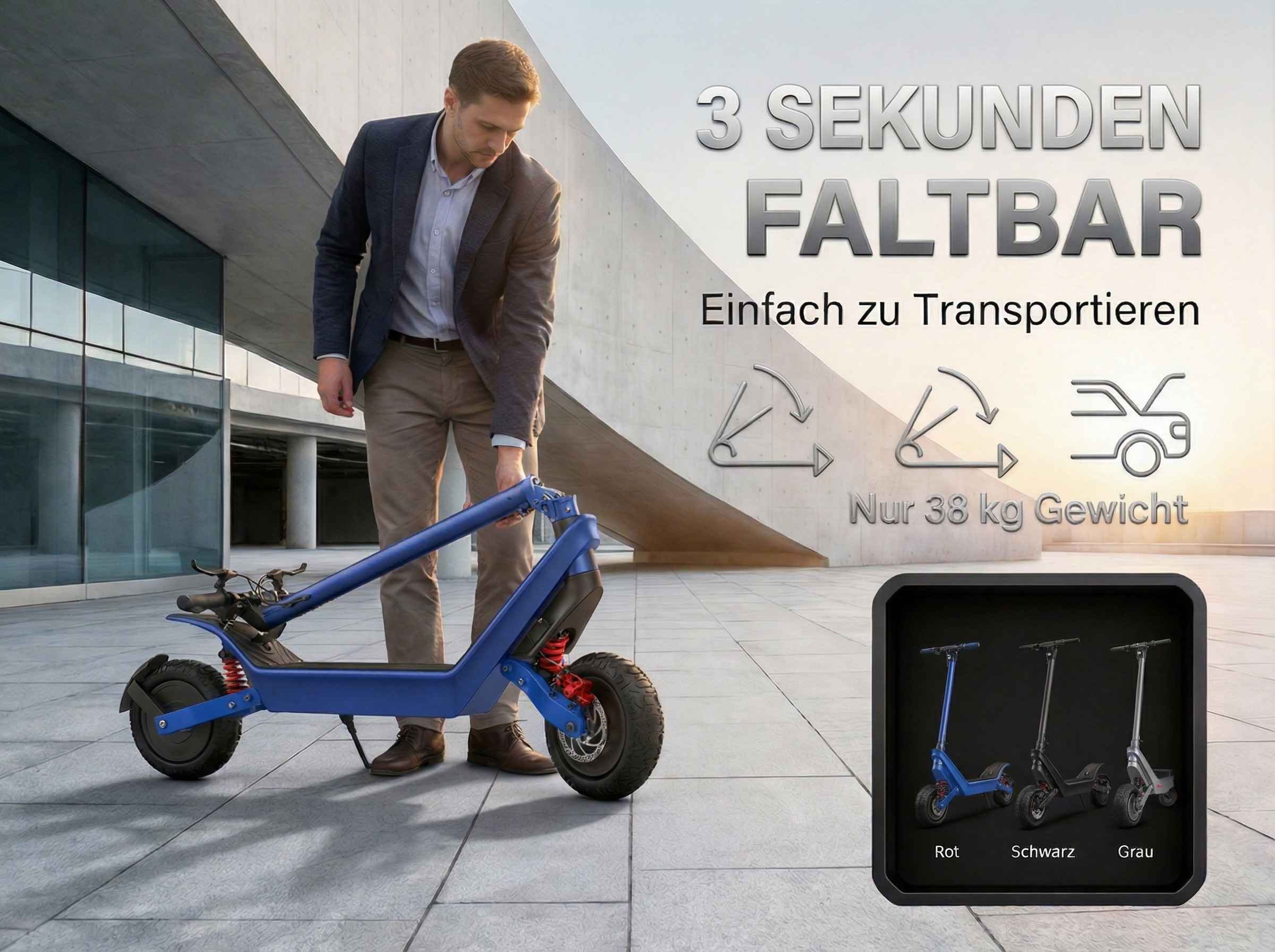 Ein Mann faltet einen blauen Elektroroller. Text wirbt für einfaches Transportieren.