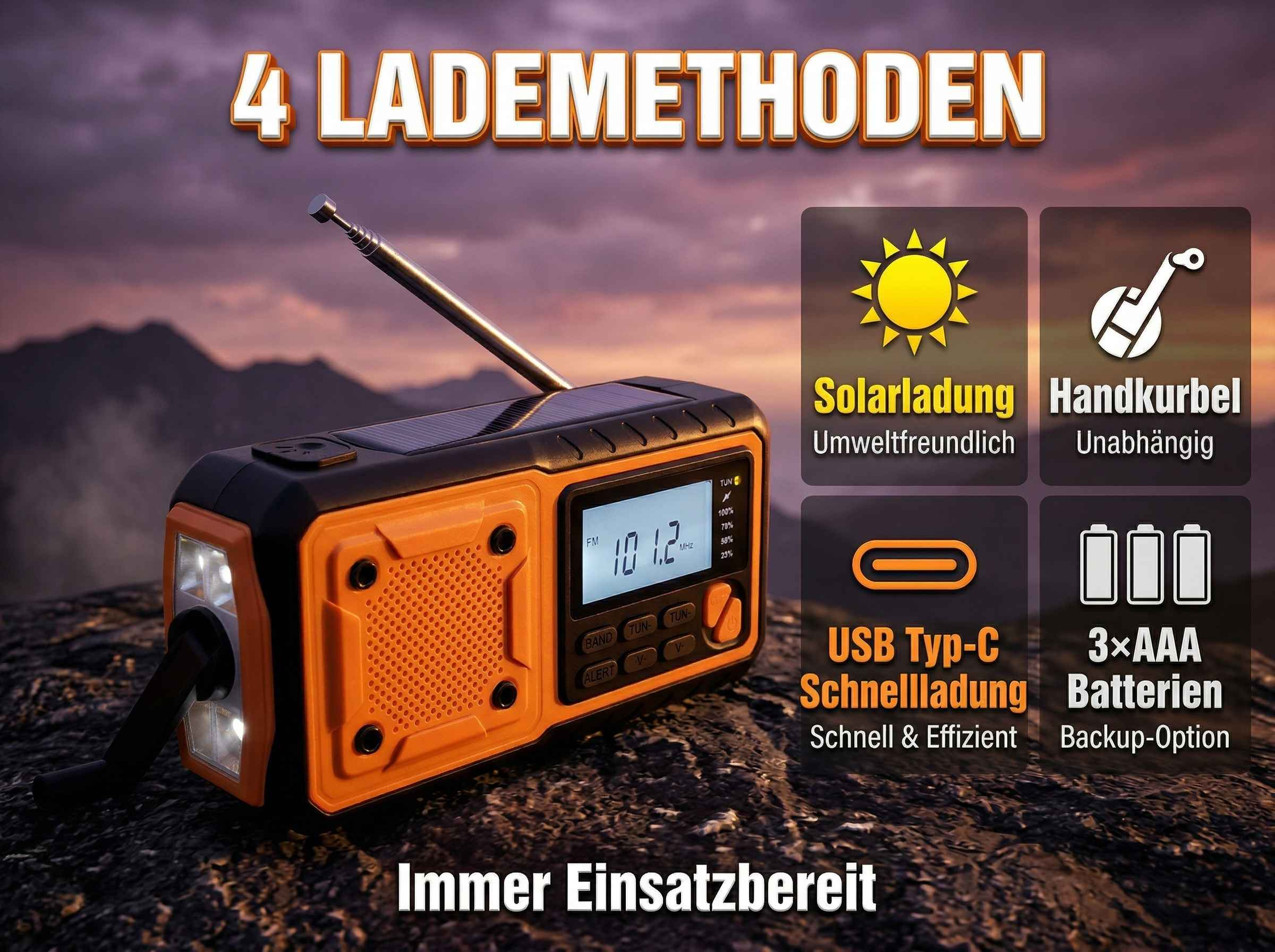 Orange Radio mit Solarpanel, Kurbel, LED und Display, auf Felsen.