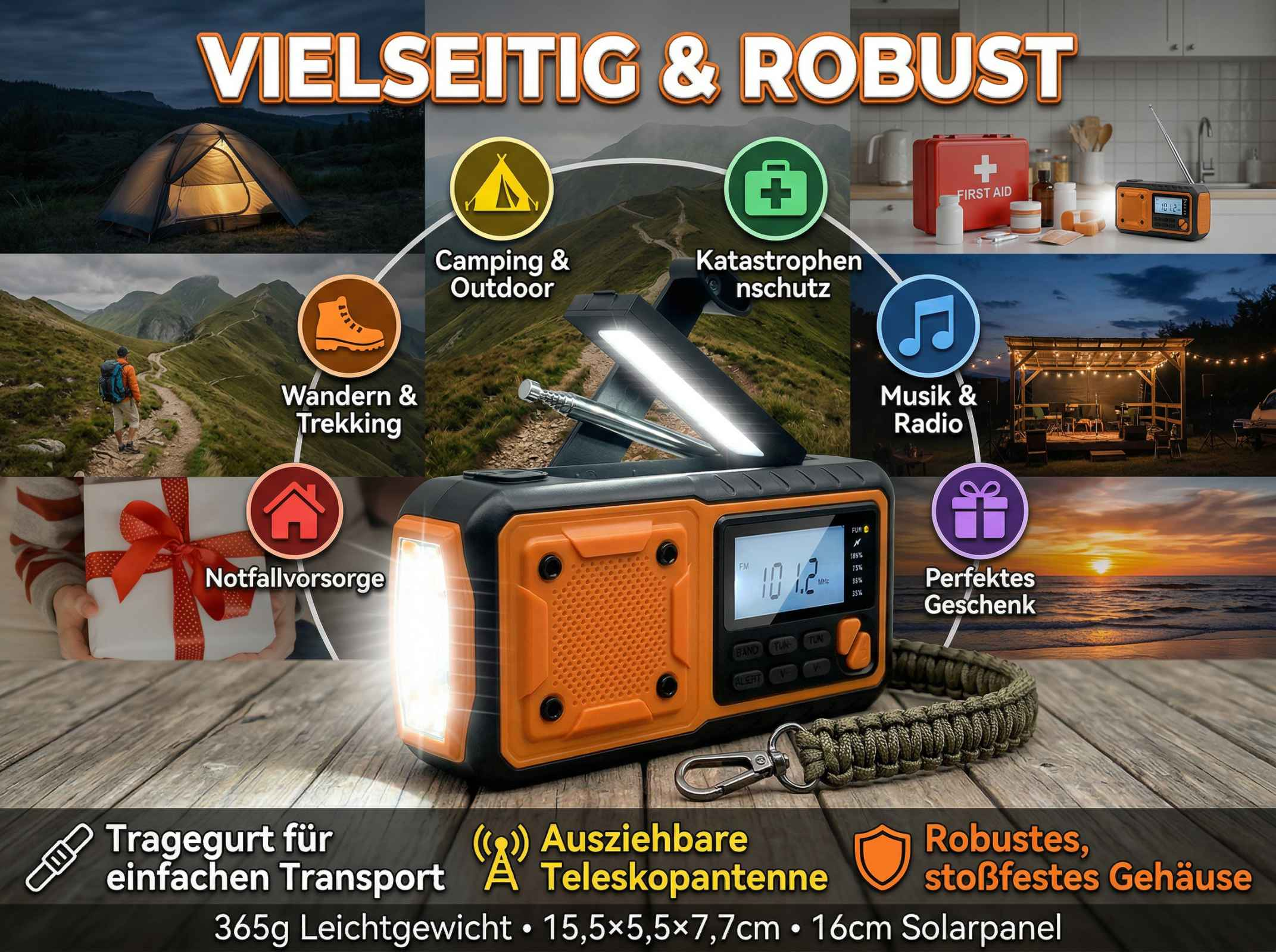 Multifunktionsgerät mit Radio, Lampe, Erste Hilfe, Camping, Wandern, Musik, Geschenk.