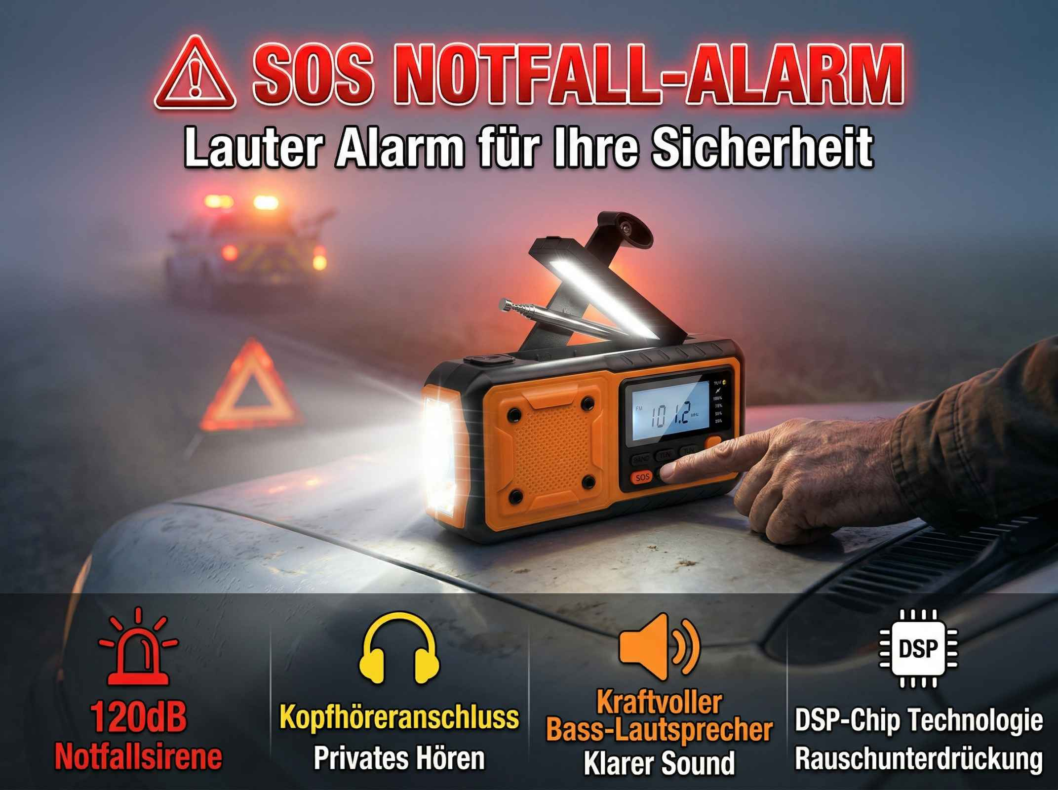 Orange SOS Notfallradio mit Taschenlampe und Lautsprecher auf Autohaube. Warndreieck und Autolichter im Hintergrund.