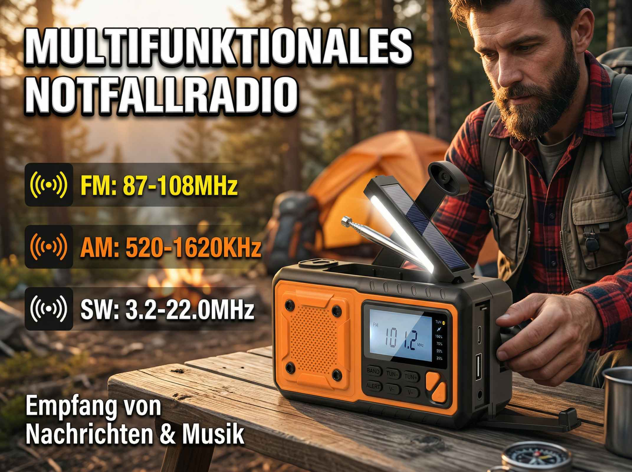 Ein Mann mit Rucksack und ein oranges Notfallradio auf einem Holztisch im Freien.