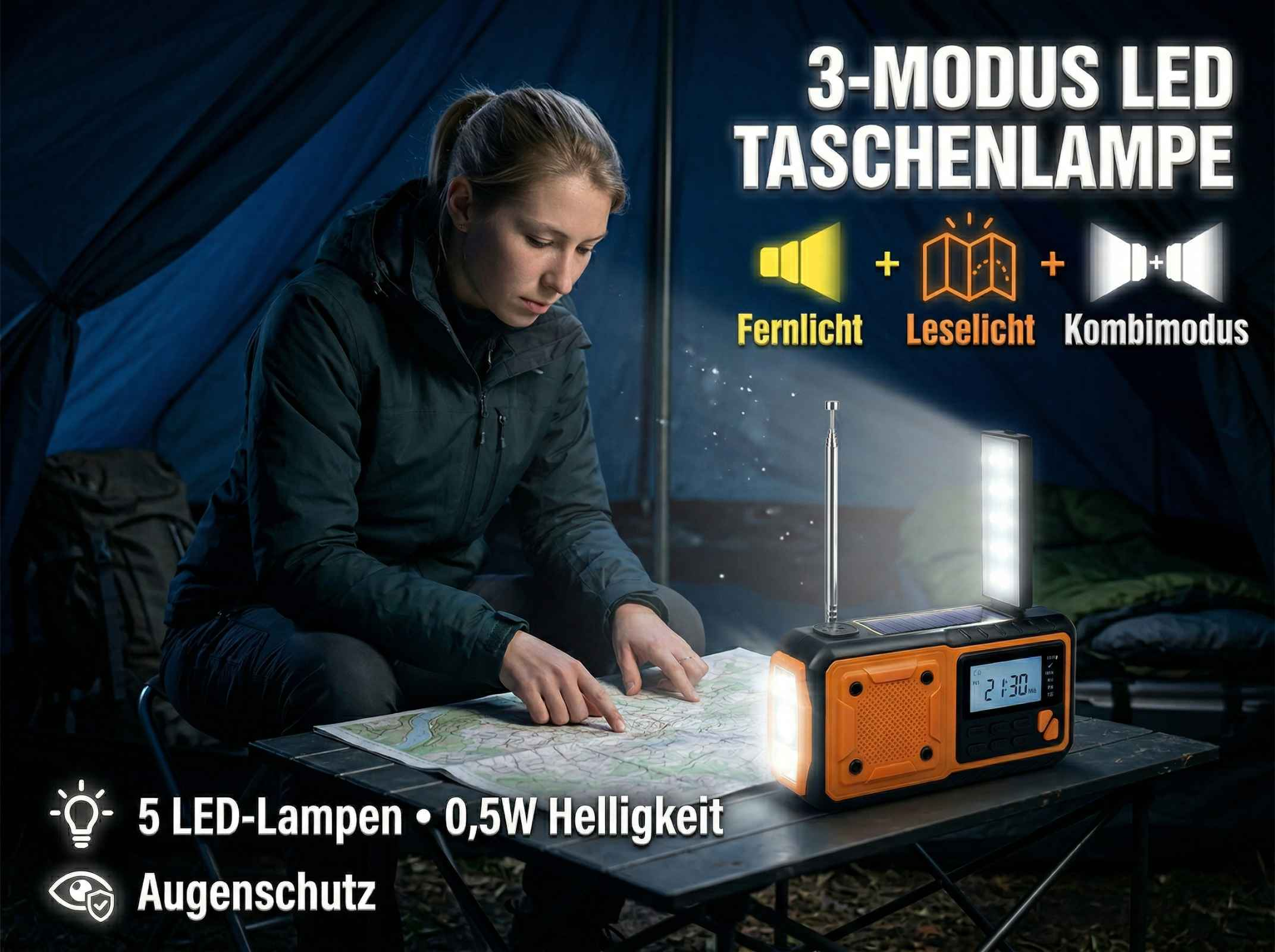 Frau mit Lampe und Karte in einem Zelt. 3-Modus LED Taschenlampe.