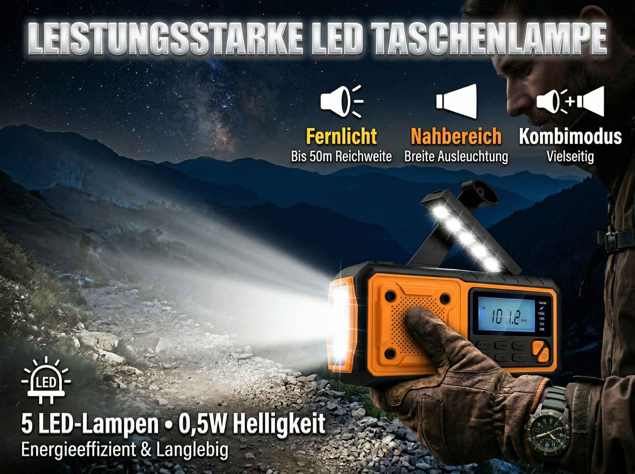 Orange LED-Taschenlampe mit Fernlicht, Nahbereich und Kombimodus.