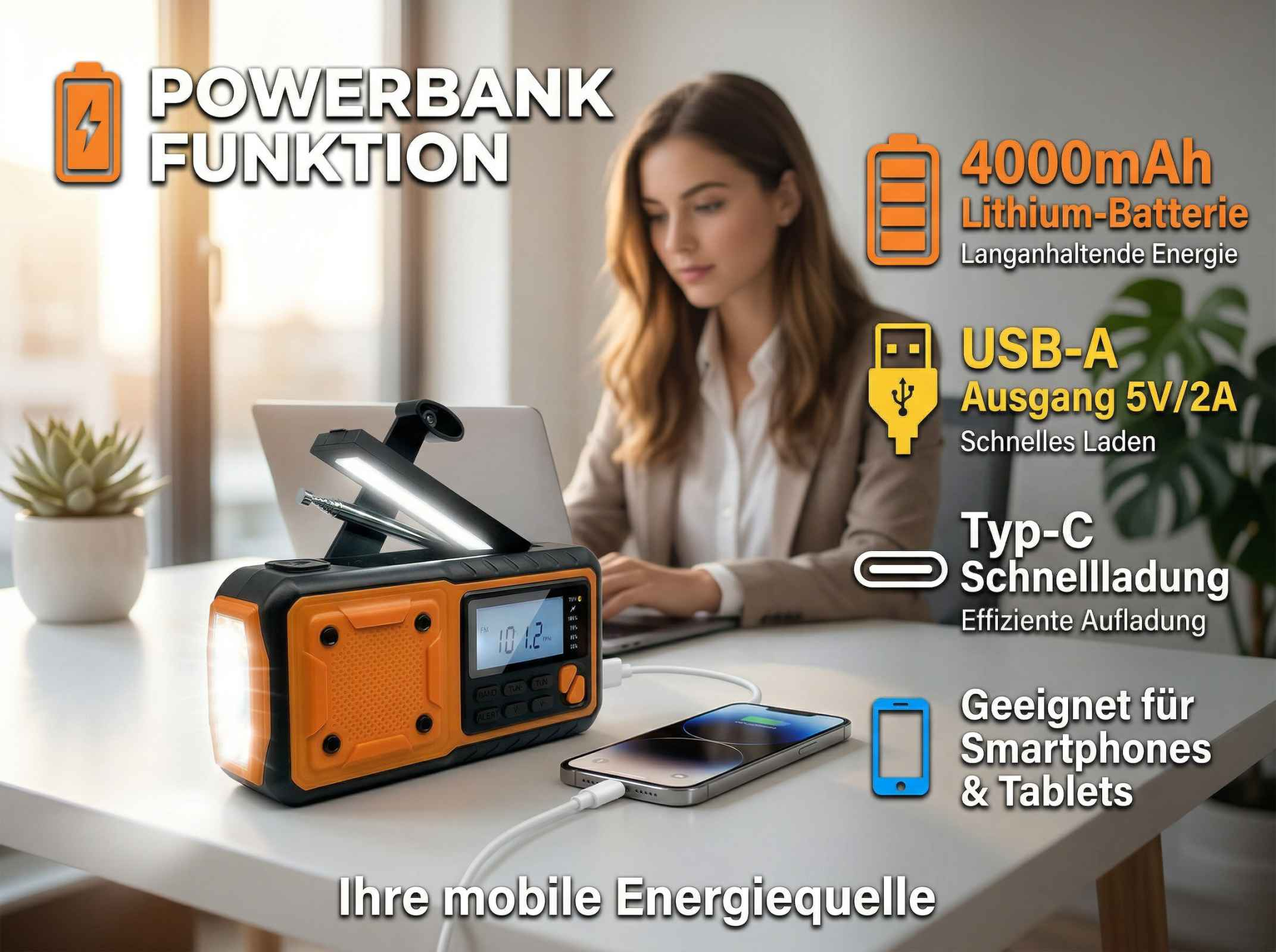 Orange Powerbank mit Radiofunktion, LED-Licht, lädt Smartphone. Frau im Hintergrund.