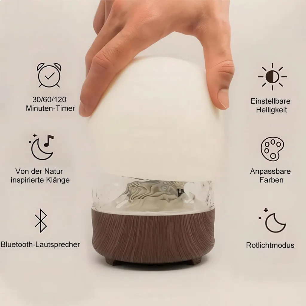 Ein weißer Lautsprecher mit Holzmaserung, der Funktionen wie Timer, Naturklänge, Bluetooth, Helligkeit, Farben und Rotlichtmodus zeigt.