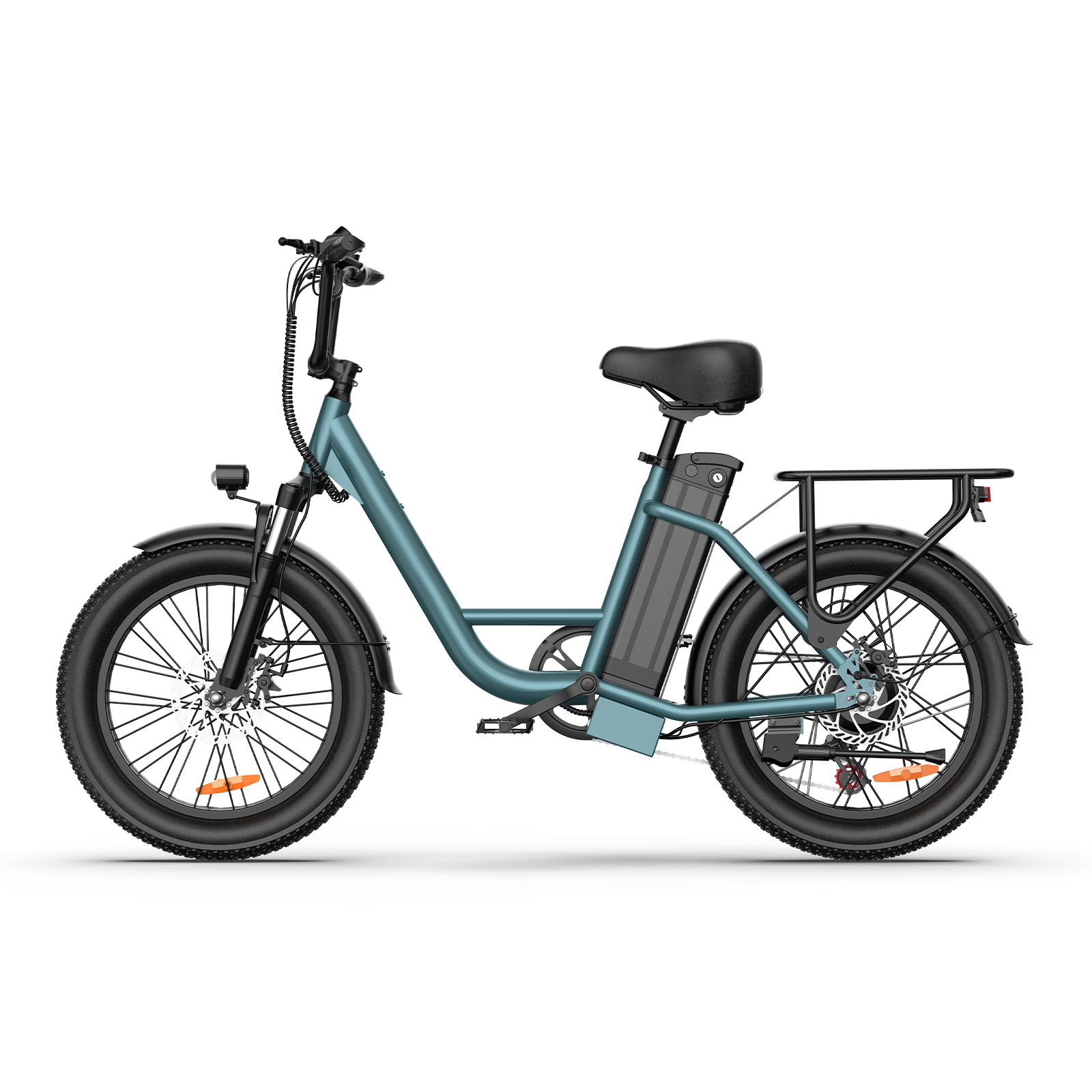 Ein teal-farbenes E-Bike mit schwarzen Reifen, Gepäckträger und Akku.