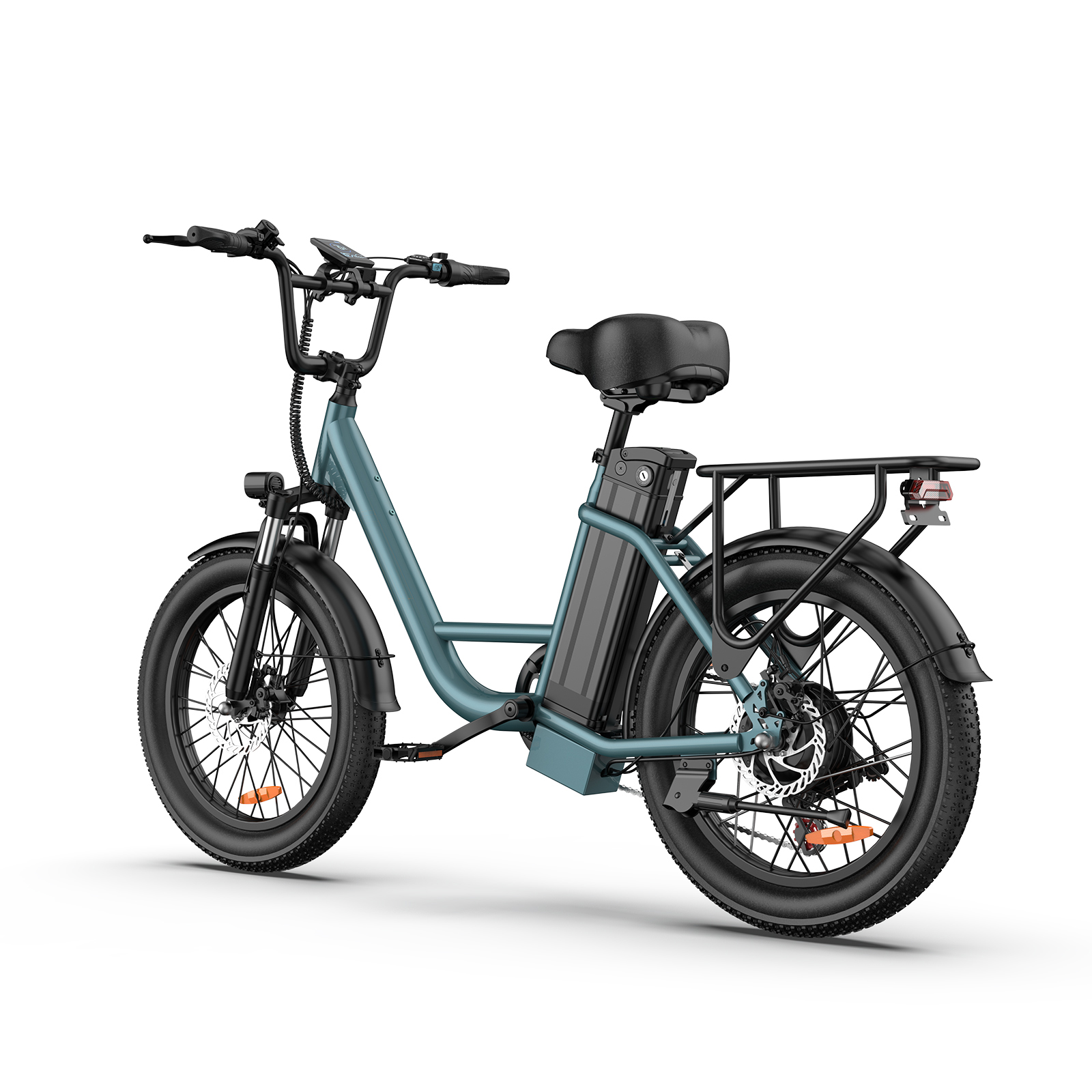 Ein teal E-Bike mit breiten Reifen, Gepäckträger und Akku, auf weißem Hintergrund.