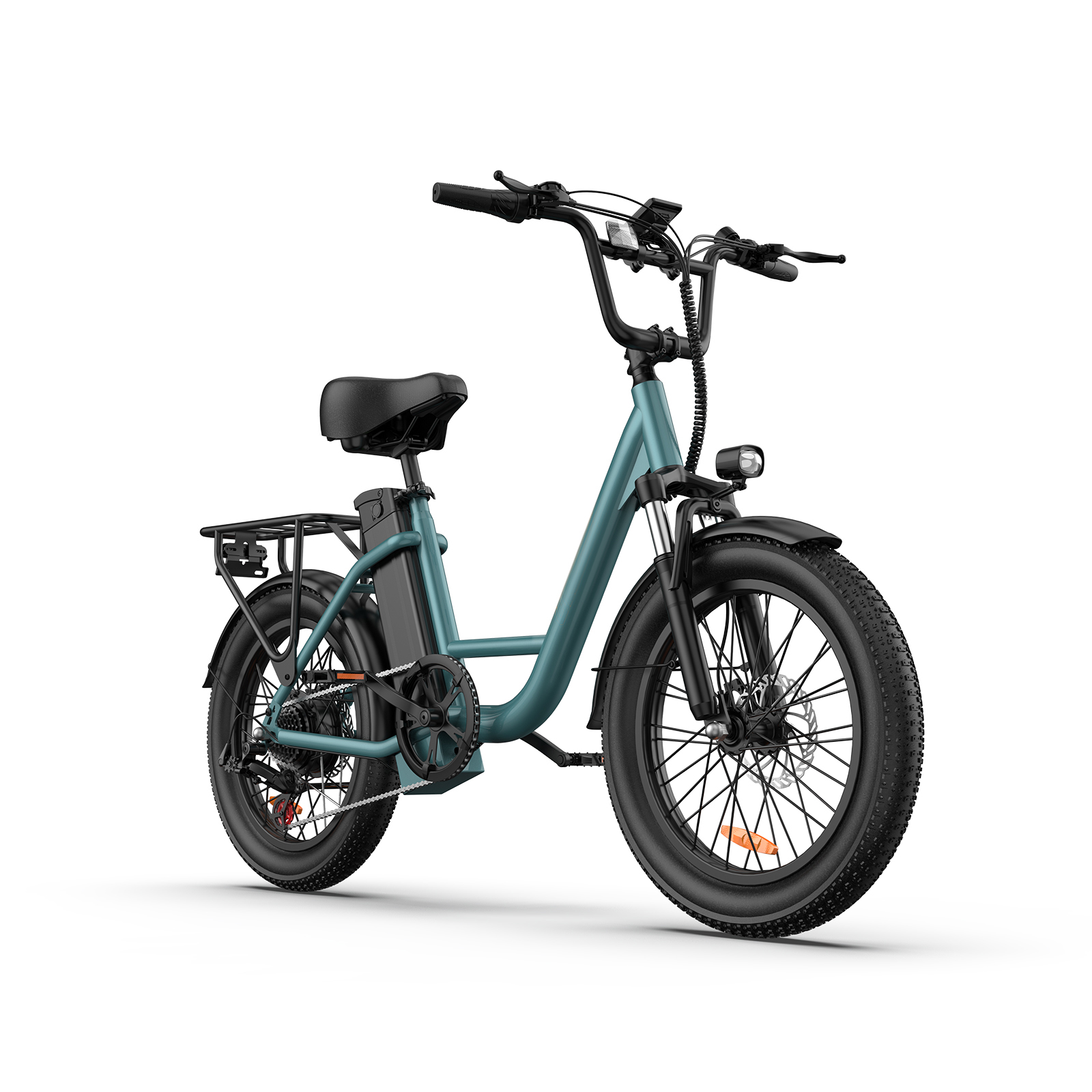Ein türkisfarbenes E-Fatbike mit schwarzen Akzenten, einem Gepäckträger und weißem Hintergrund.