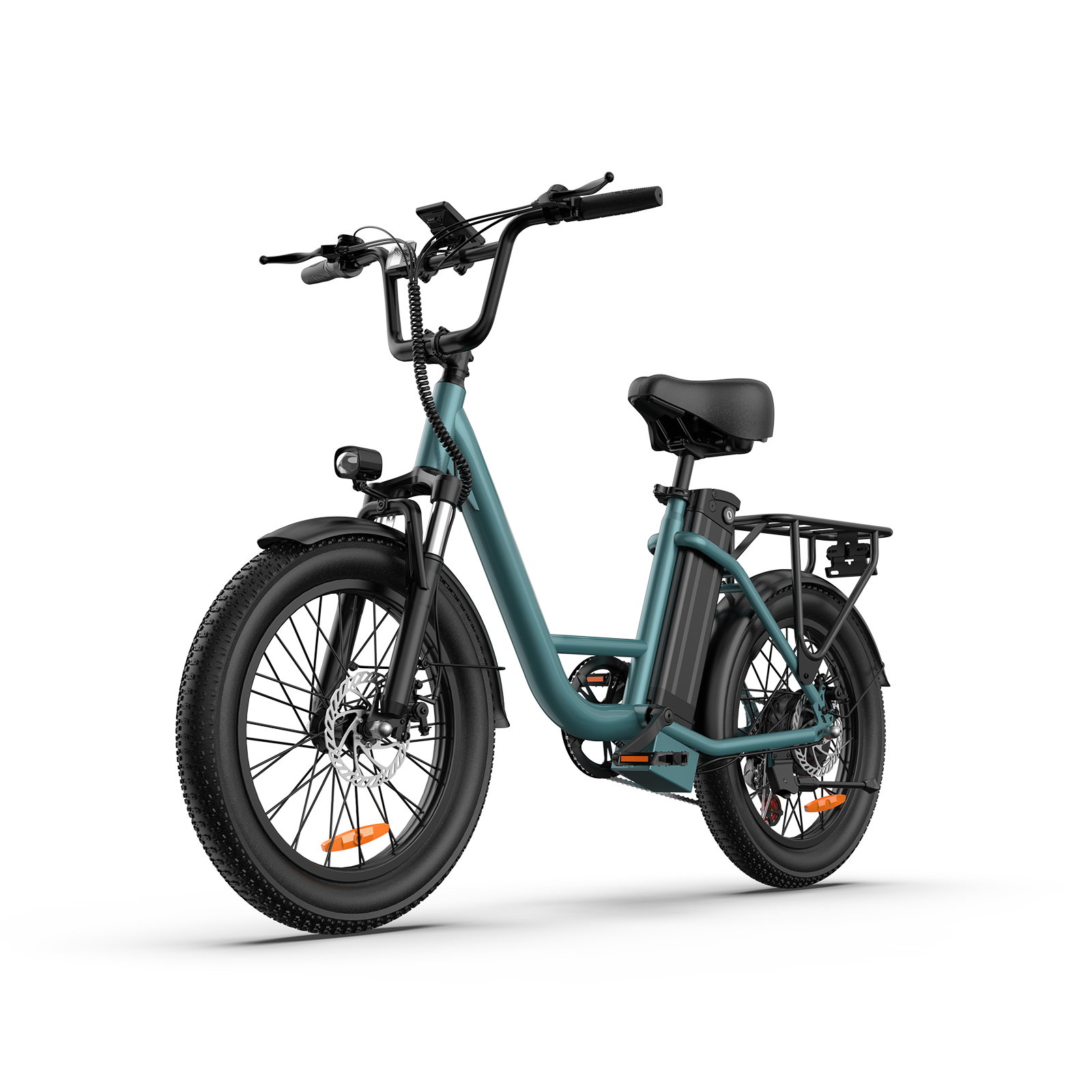 Ein tealfarbenes E-Bike mit fetten Reifen, Gepäckträger und Scheinwerfer.
