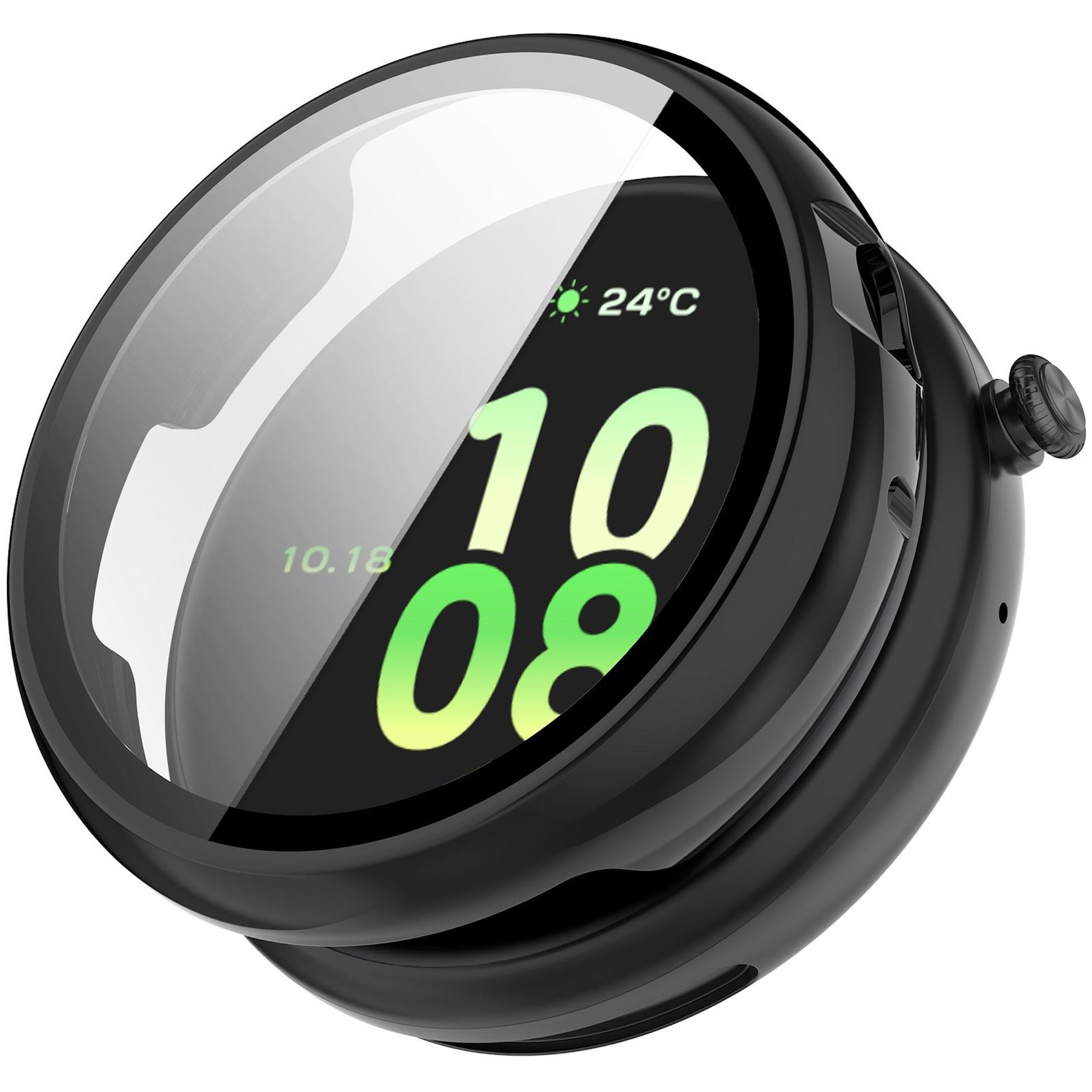 Custodia smartwatch nera con vetro che mostra le 10:08 a 24°C.