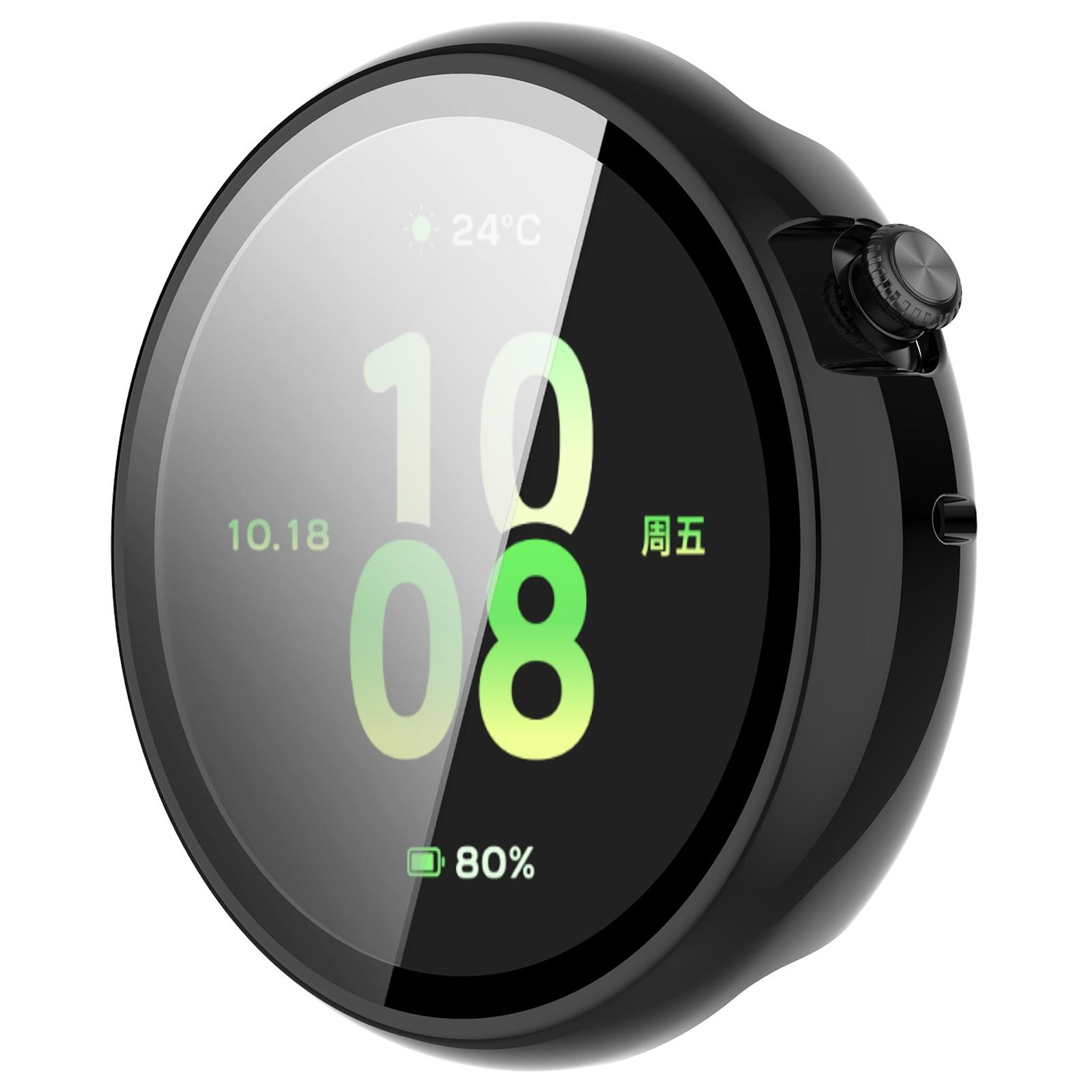 Un display di smartwatch nero mostra 24°C, 10.18, 10:08 e 80% di batteria.