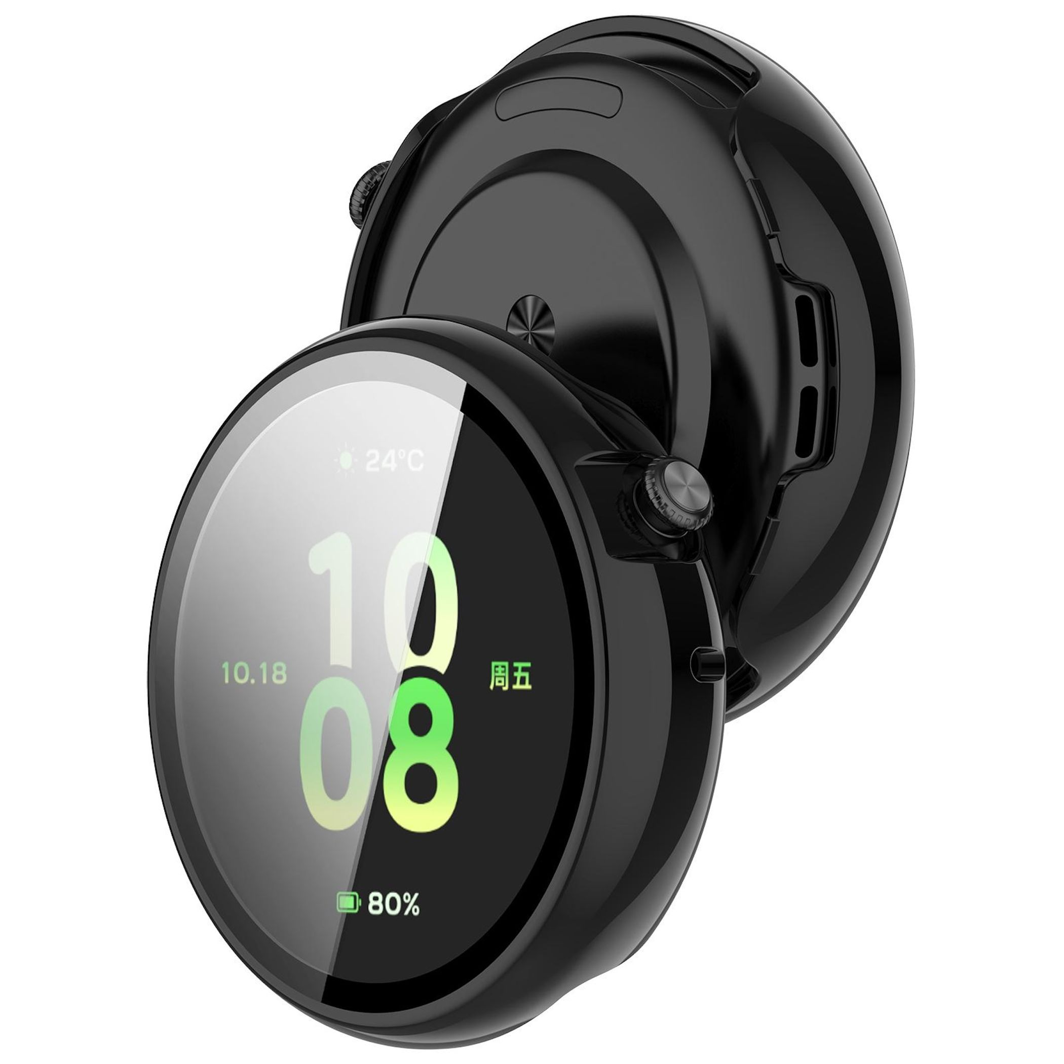 Uno smartwatch nero con schermo rotondo che mostra ora, data, temperatura e batteria.