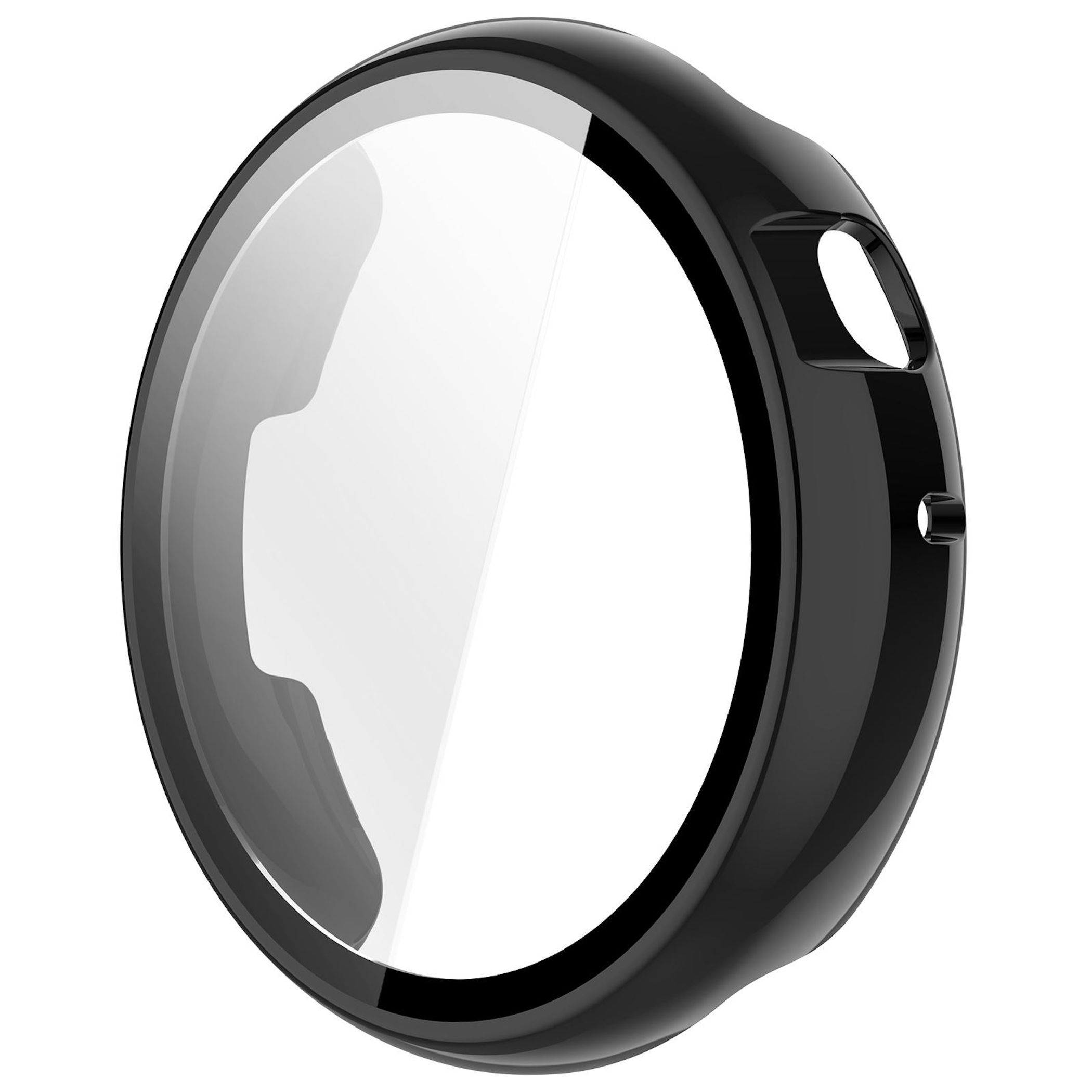 Custodia protettiva nera per orologio rotondo con finestra trasparente.