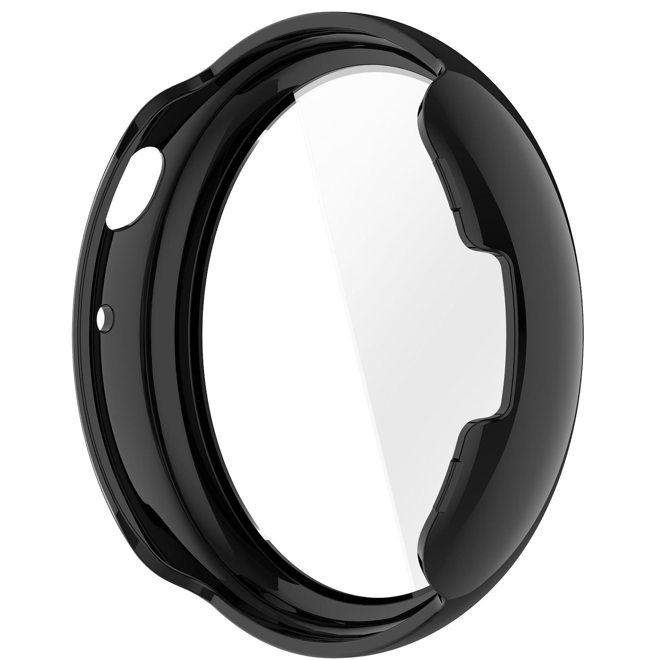 Custodia nera per orologio con schermo trasparente su sfondo bianco.