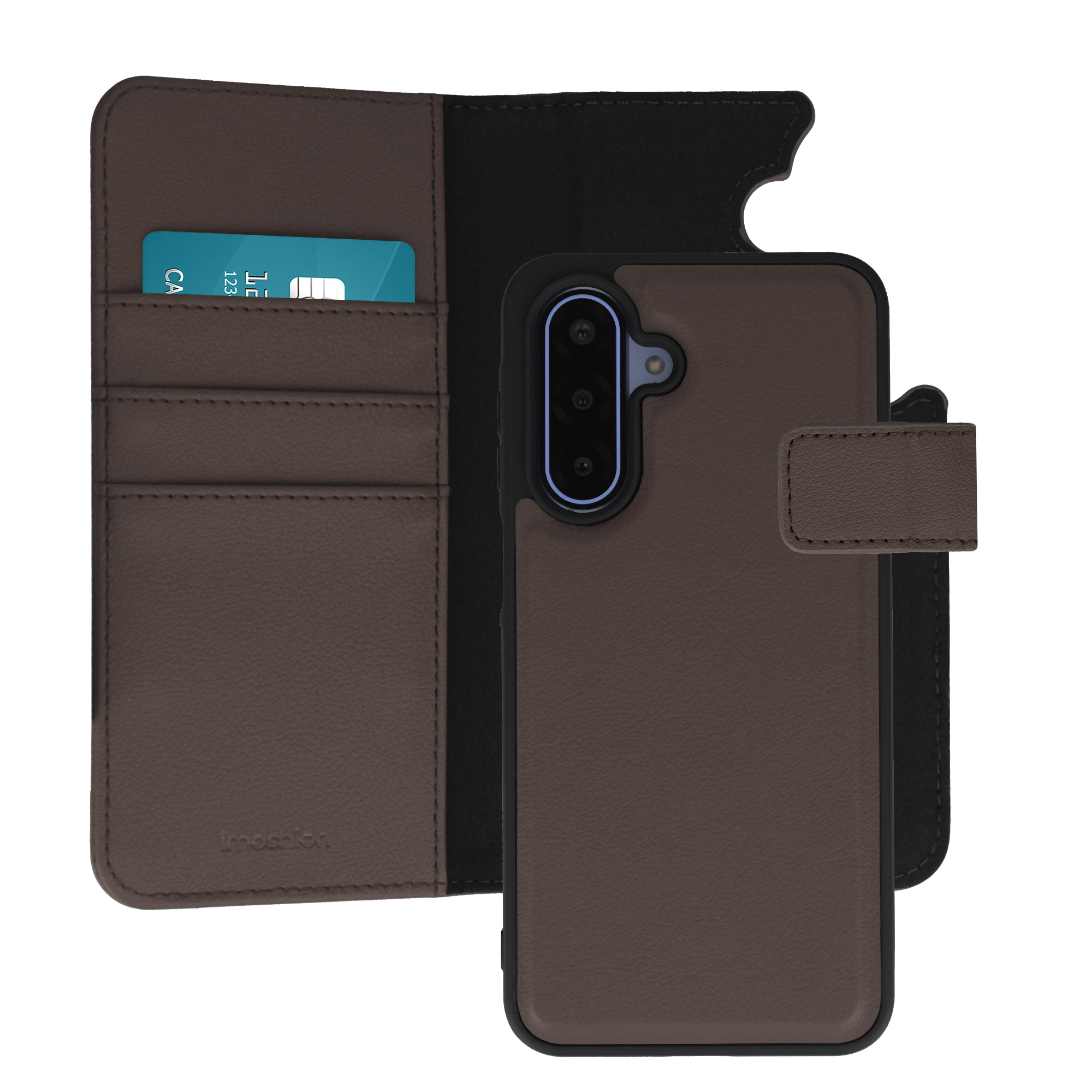 Bruine leren telefoonhoes met kaartsleuven en zichtbare cameraplatform.